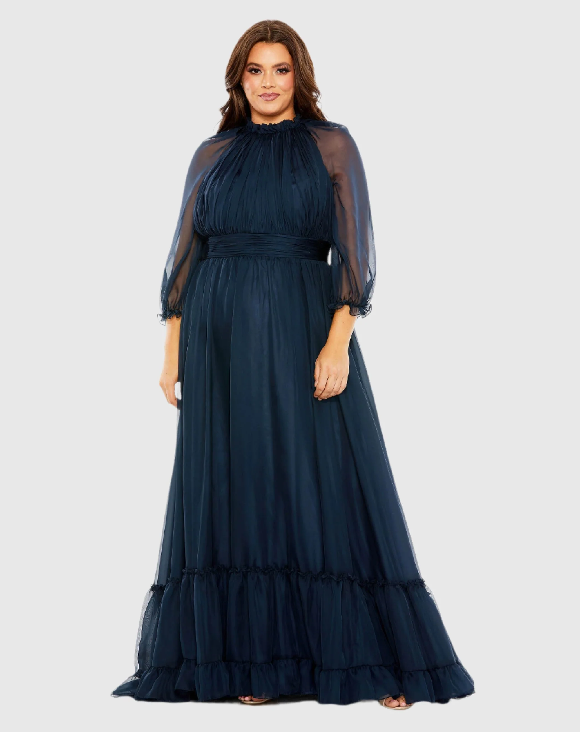 Blue High Neck Puff Sleeve Tiered A Line Gown