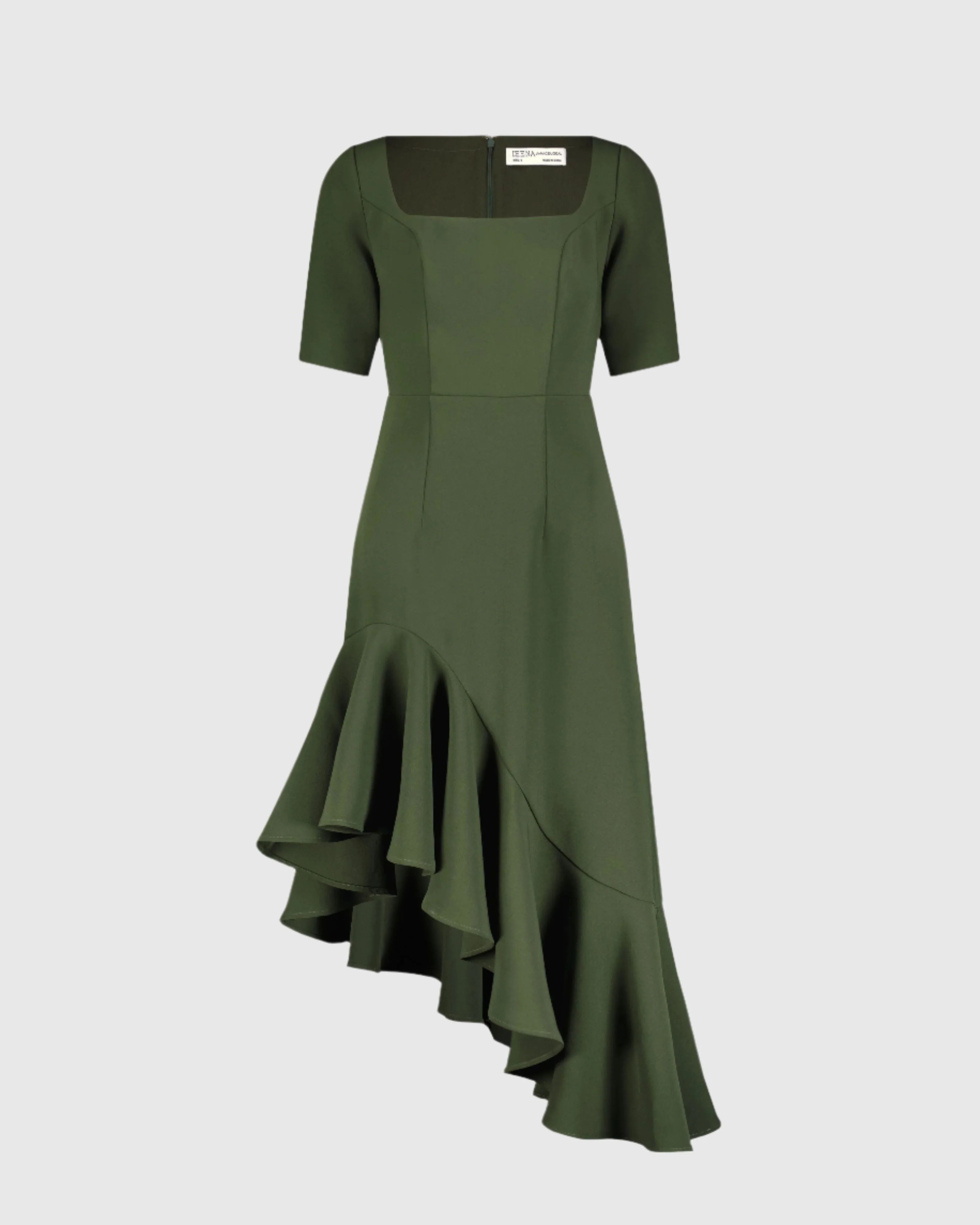 Green Crepe 3/4 Sleeve Asymmetrical Hem Dress