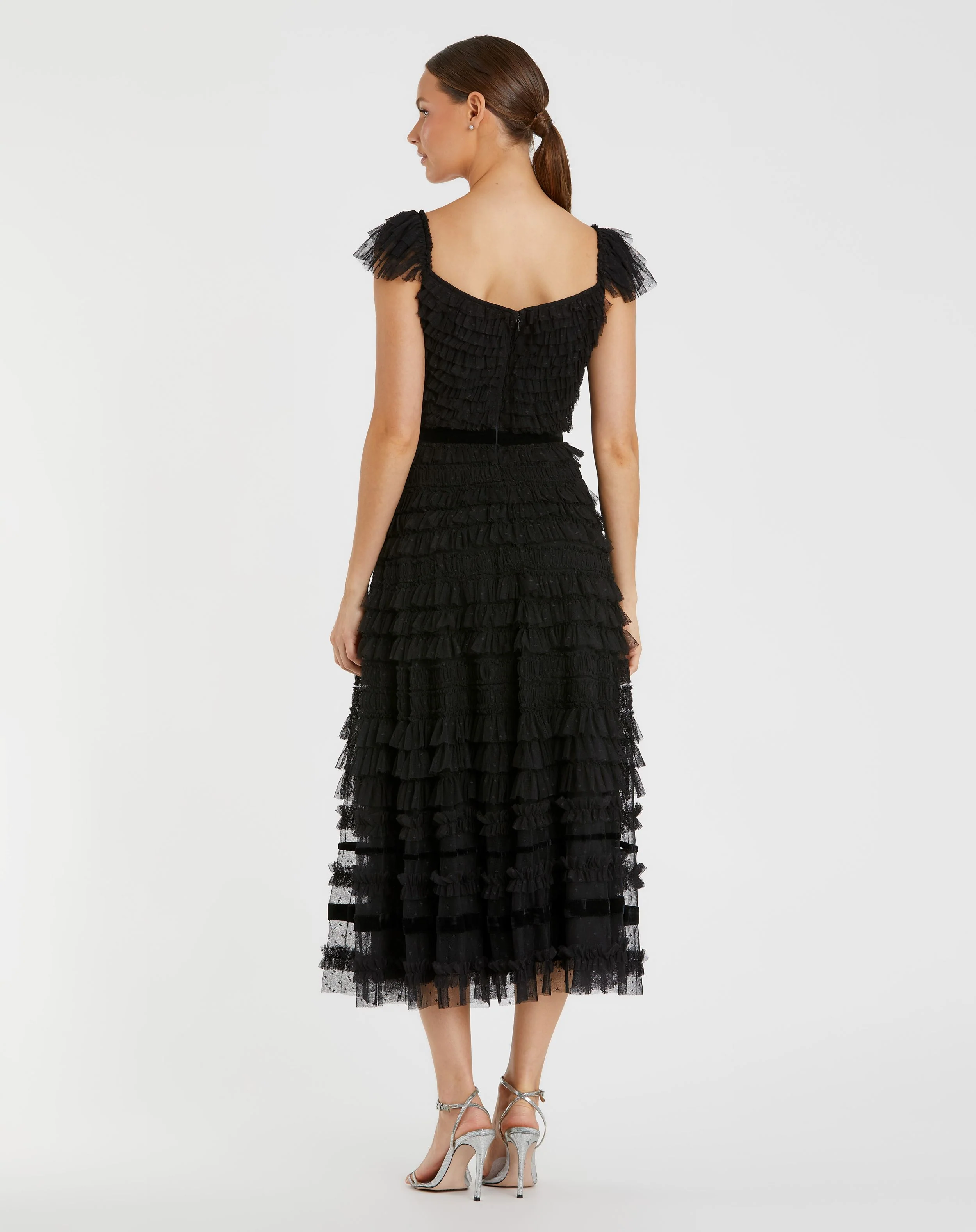 Black Ruffle Cap Sleeve Tiered Midi Dress