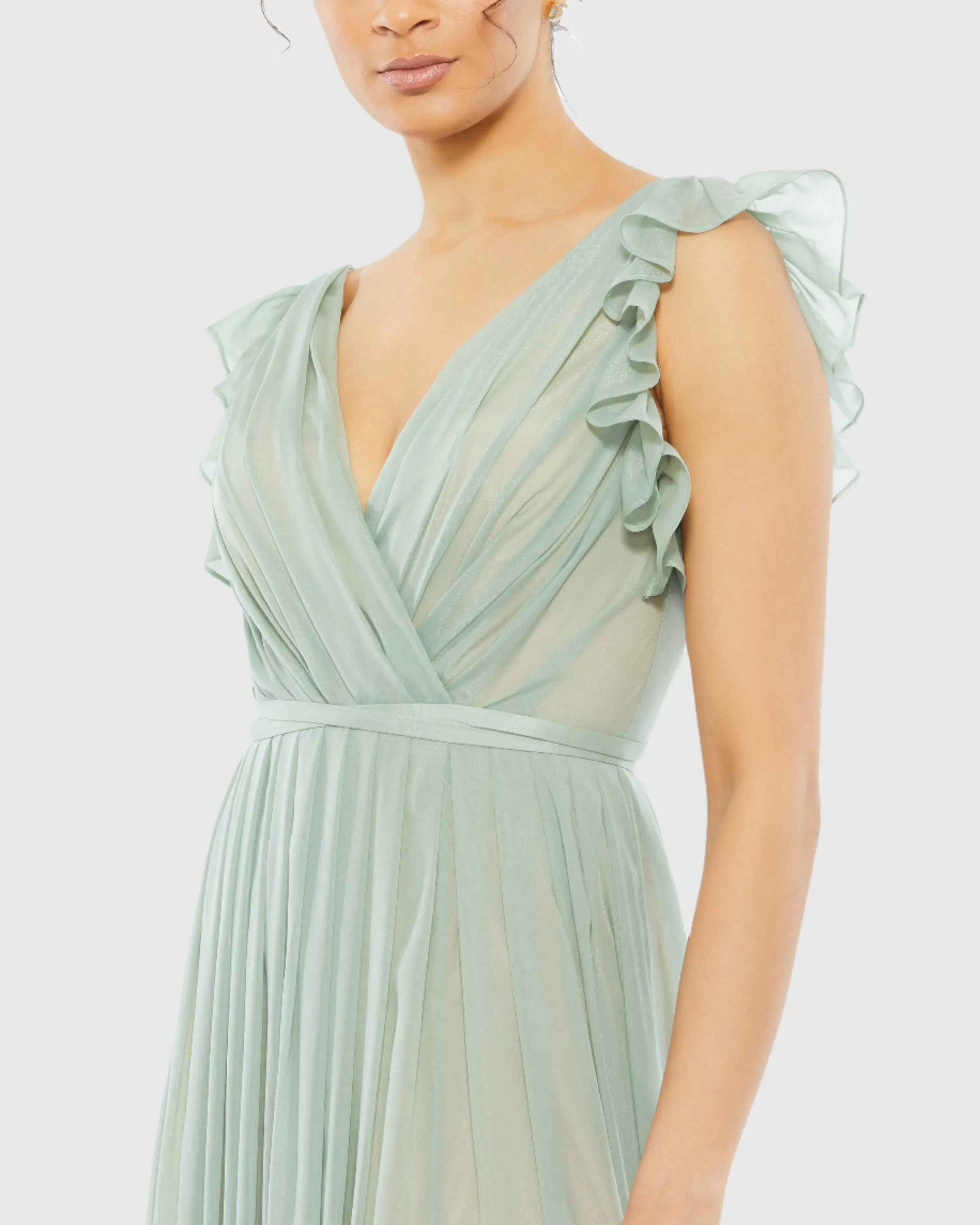 Green Flowy V Neck Ruffled Cap Sleeve Gown