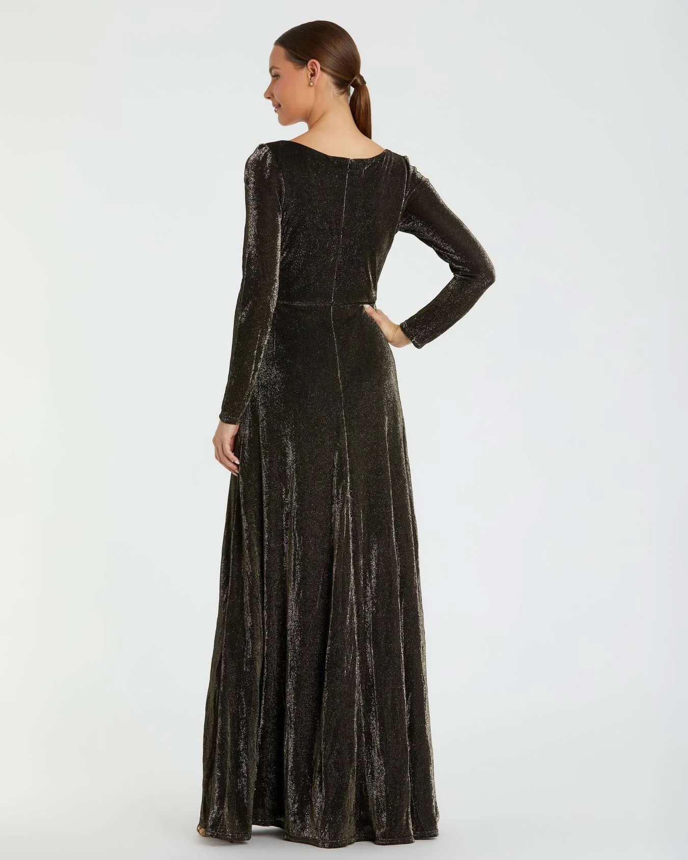 Black Long Sleeve Faux Wrap A Line Gown