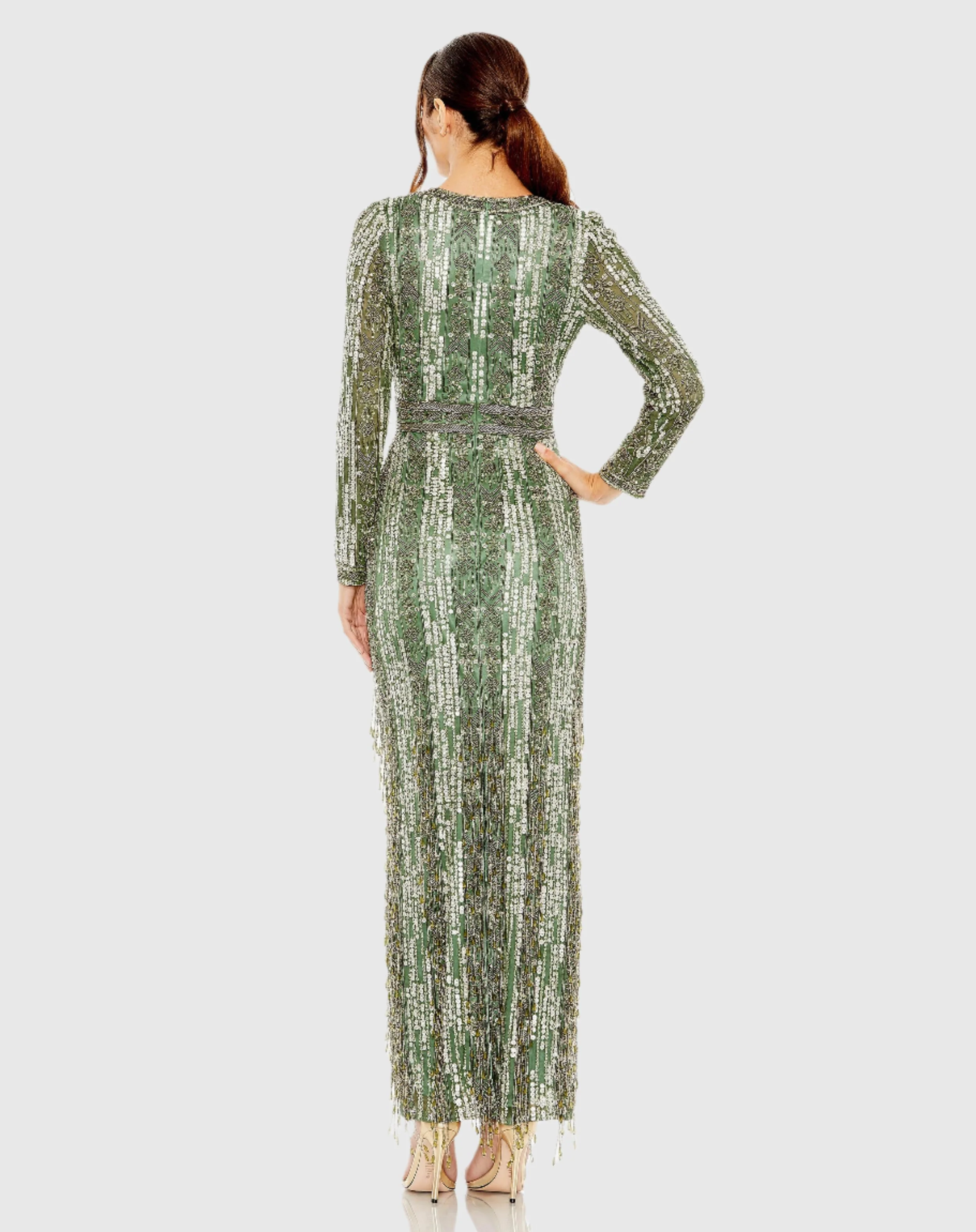 Green High Neck Long Sleeve Crystal Fringe Column Gown