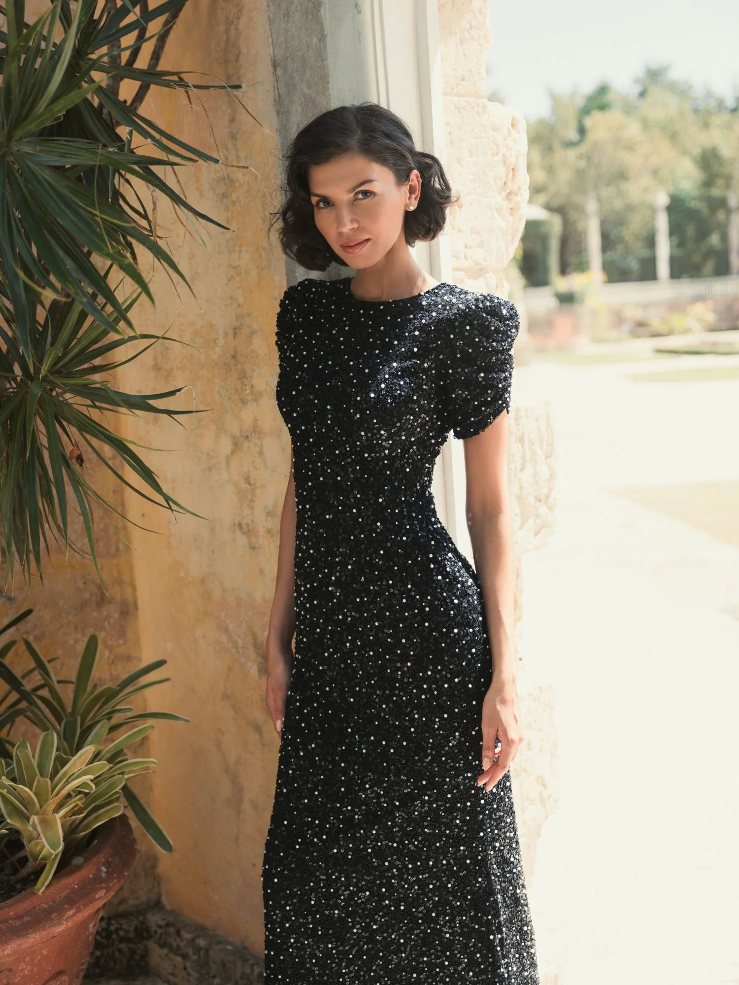 Black Gathered Short Sleeve Beaded Gown