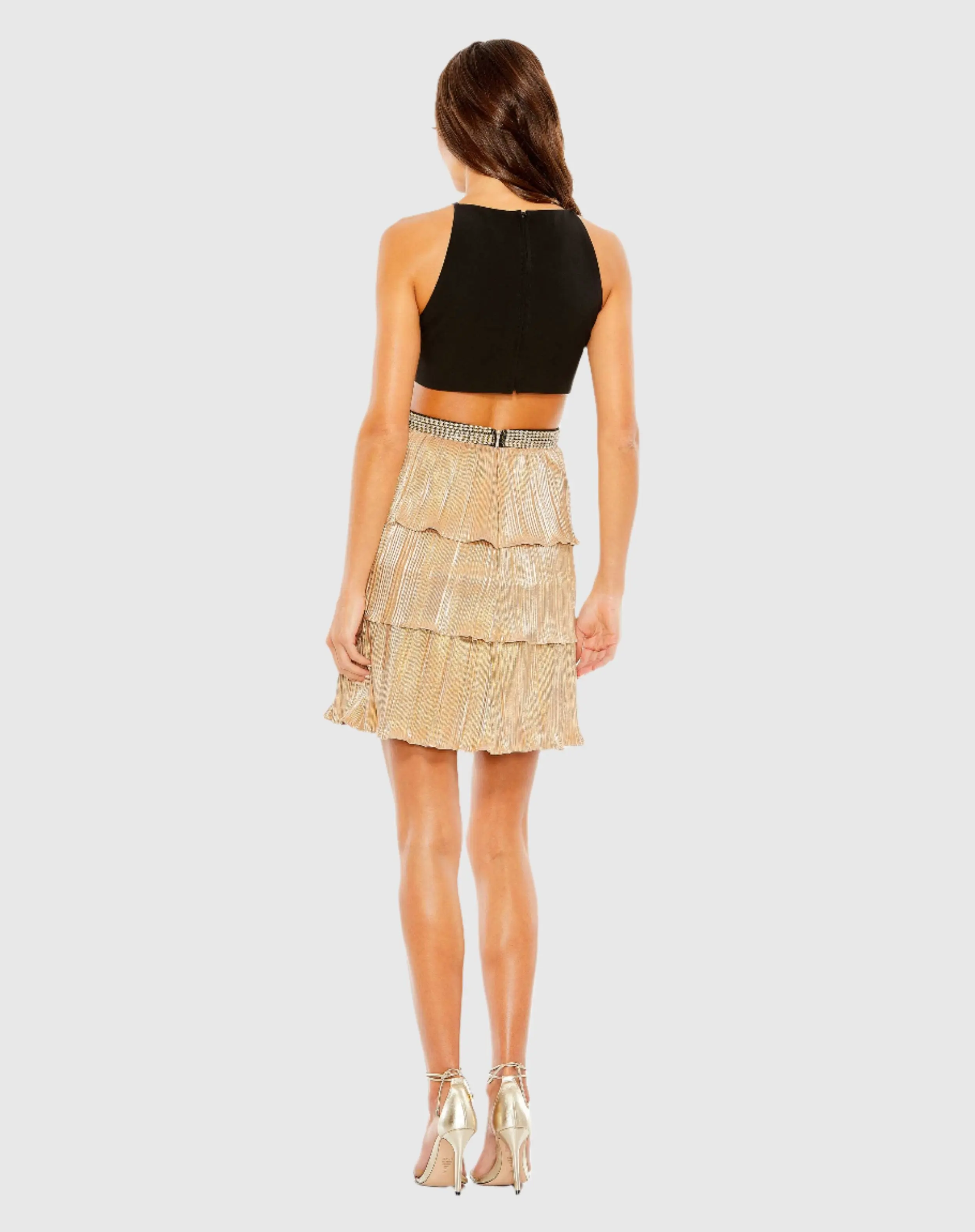 Metallic Pleated Cutout Cocktail Dress