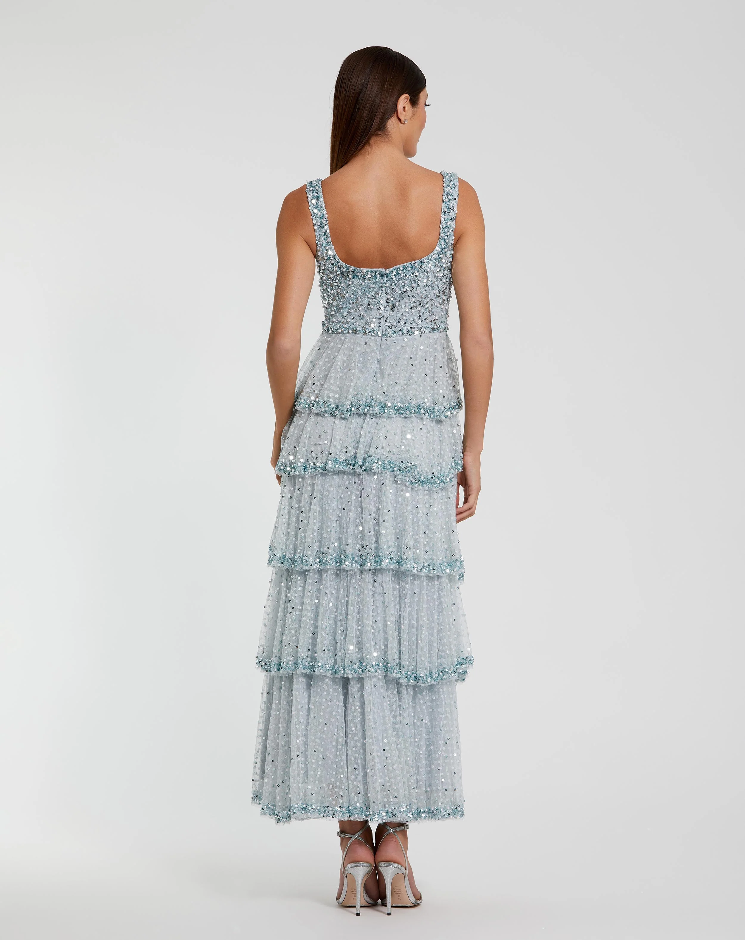 Blue Embellished Net Tiered Ruffle Scoop Neck Dress