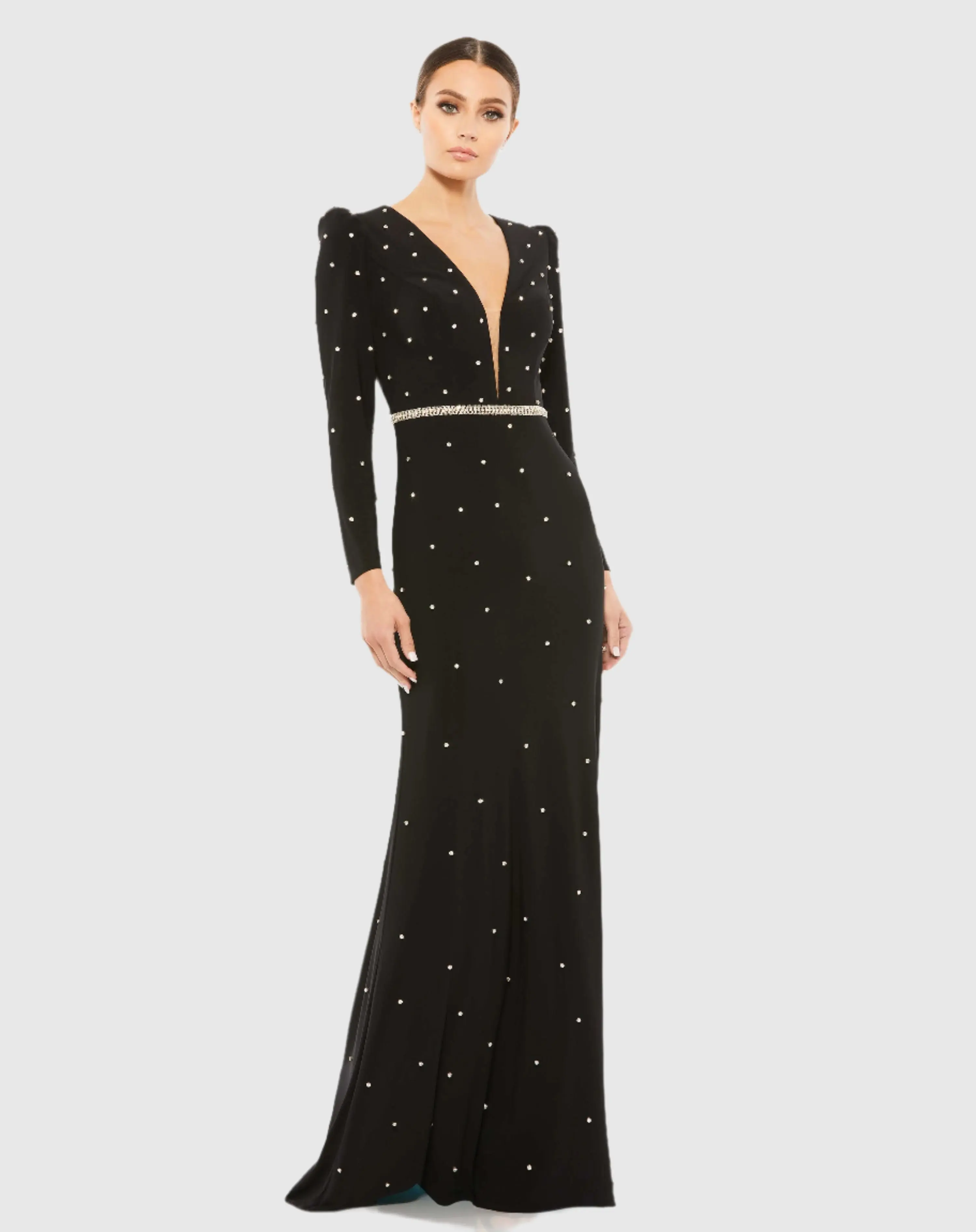 Black Jewel Encrusted Plunge Neck Long Sleeve Gown