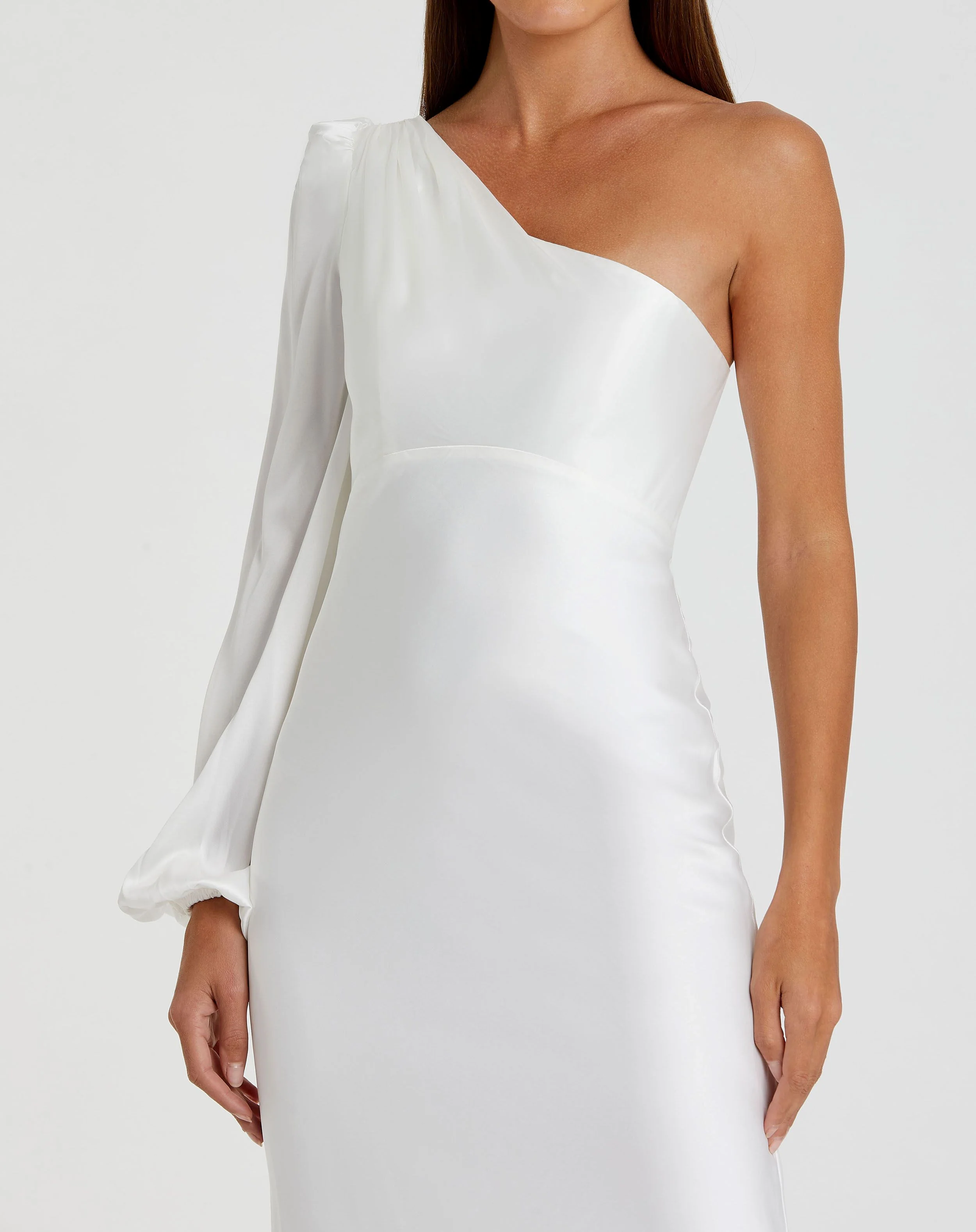 White One Shoulder Blouson Sleeve Gown