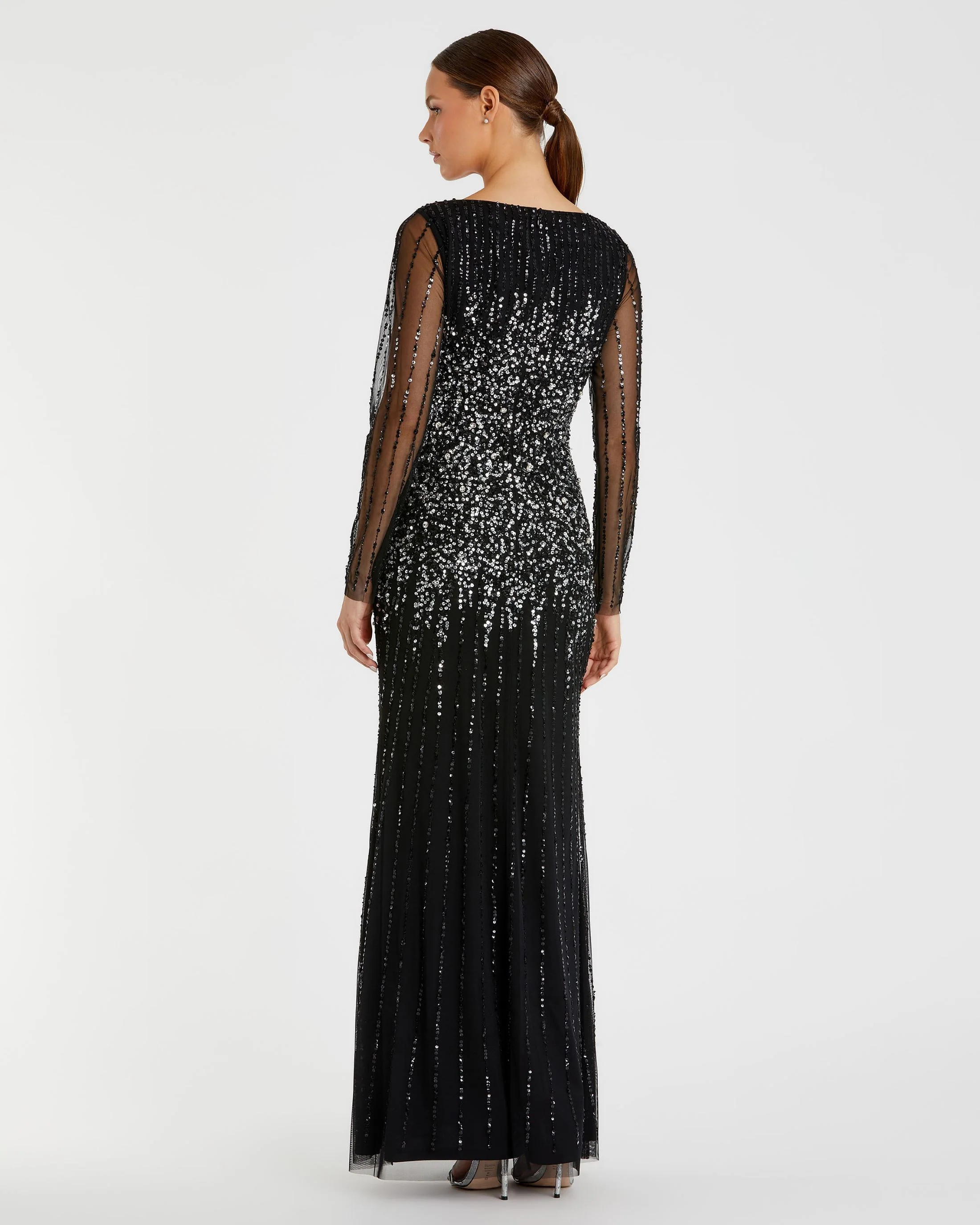 Black High Neck Sequin Embellished Long Sleeve A Line Gown