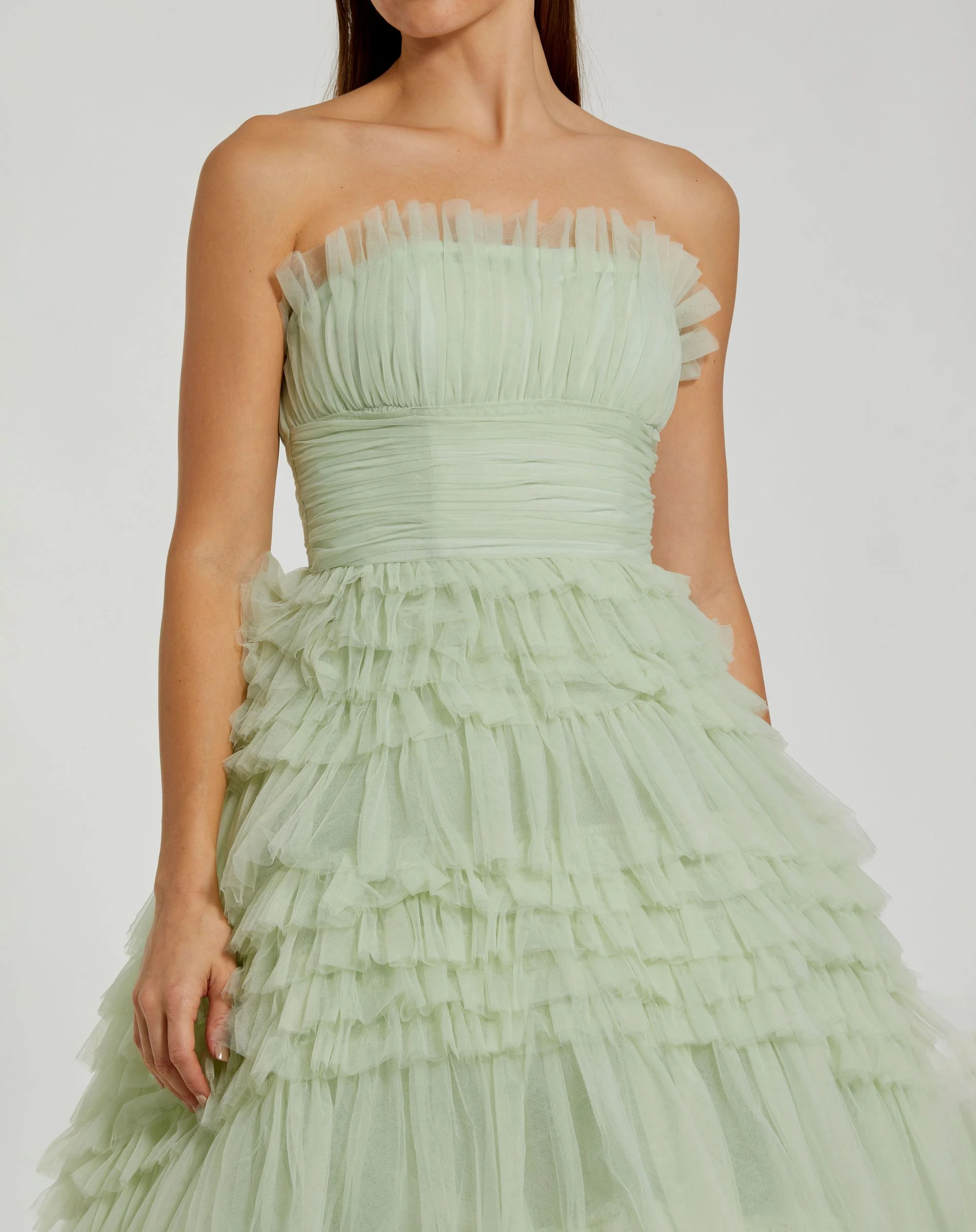 Green Strapless Tulle Ruffle Gown