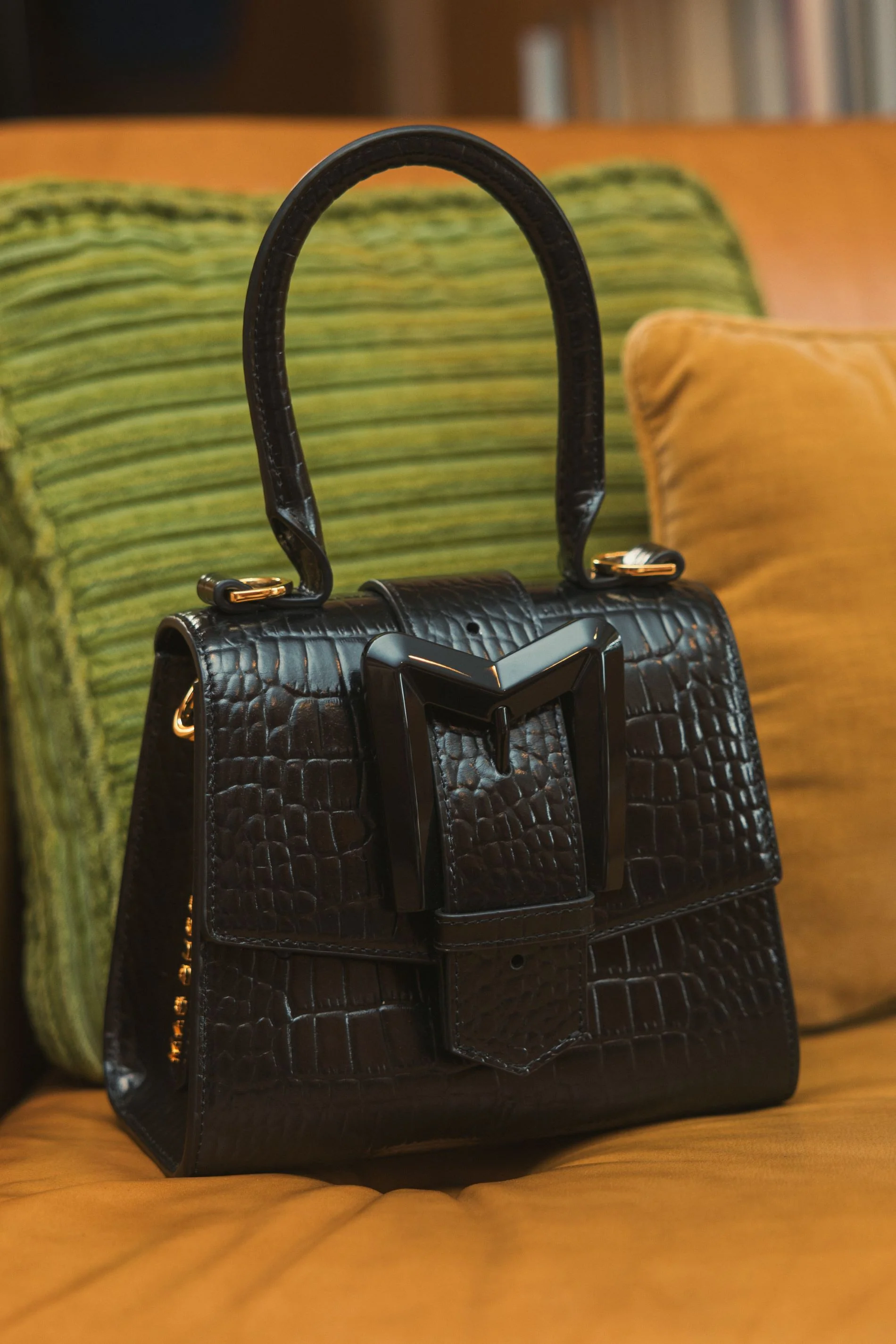 Buckled Mini Croco Black Leather Handbag with Detachable Strap