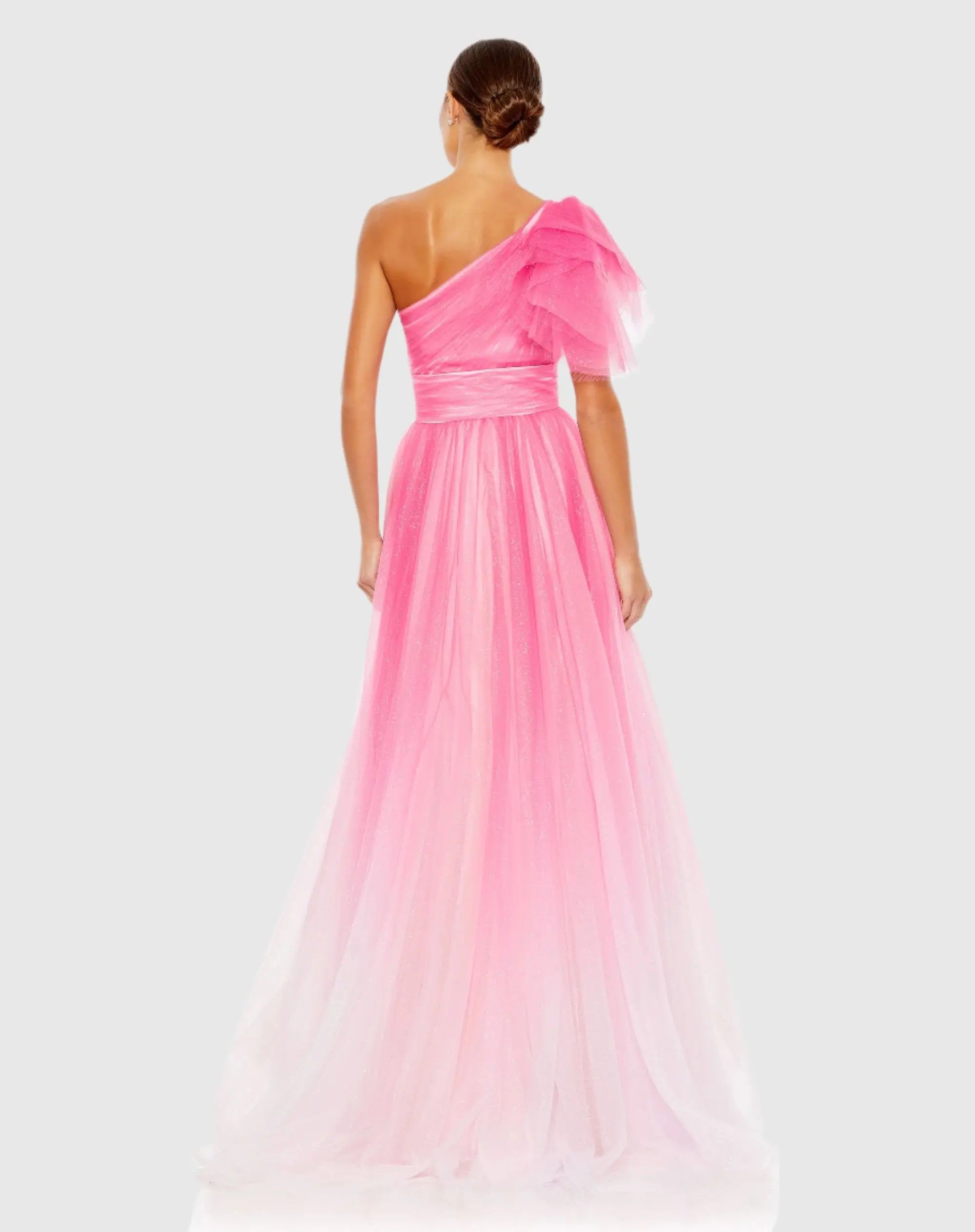 Pink Glitter Ombre Ruffled One Shoulder Ballgown