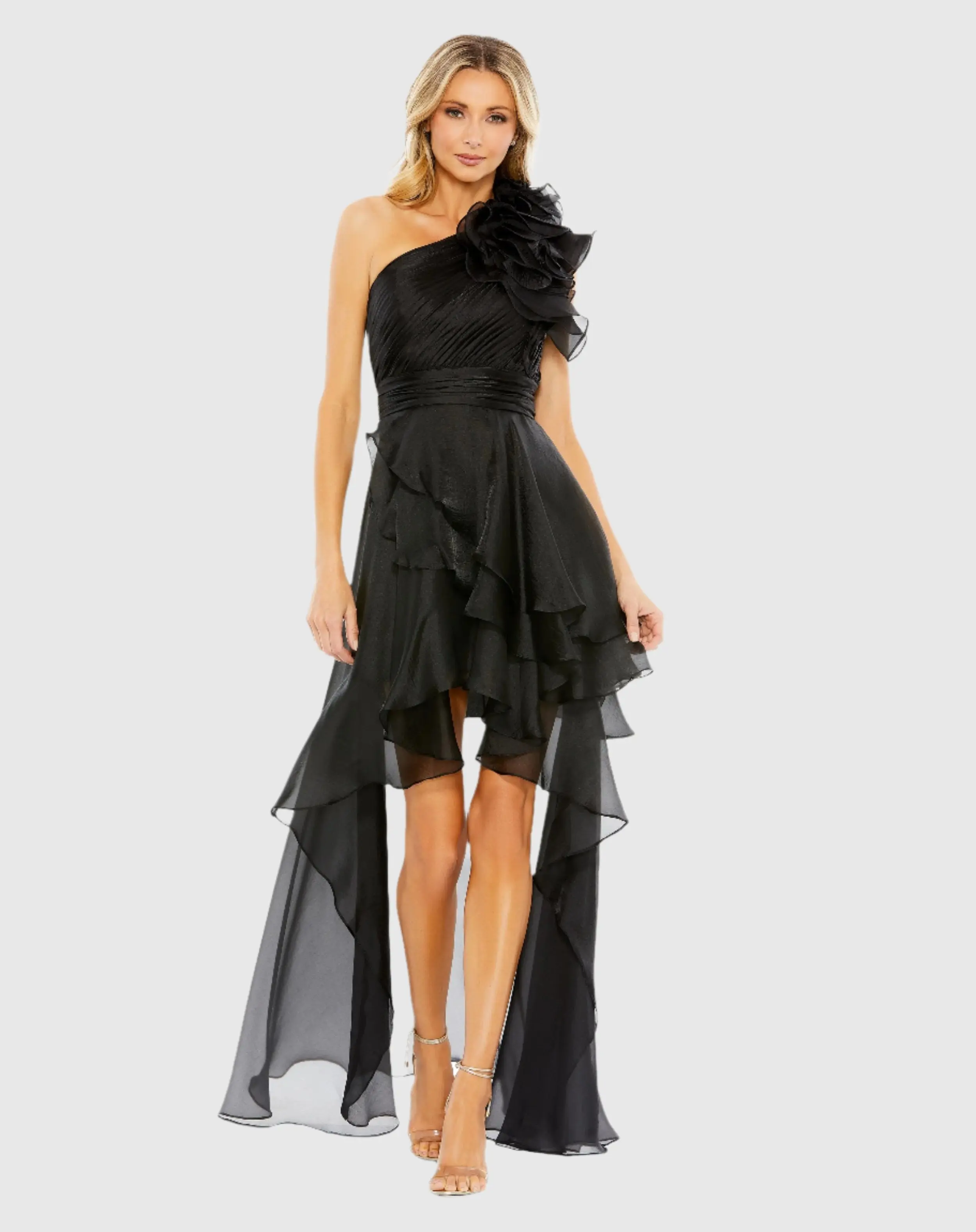 Black One Shoulder Ruffle High Low Gown