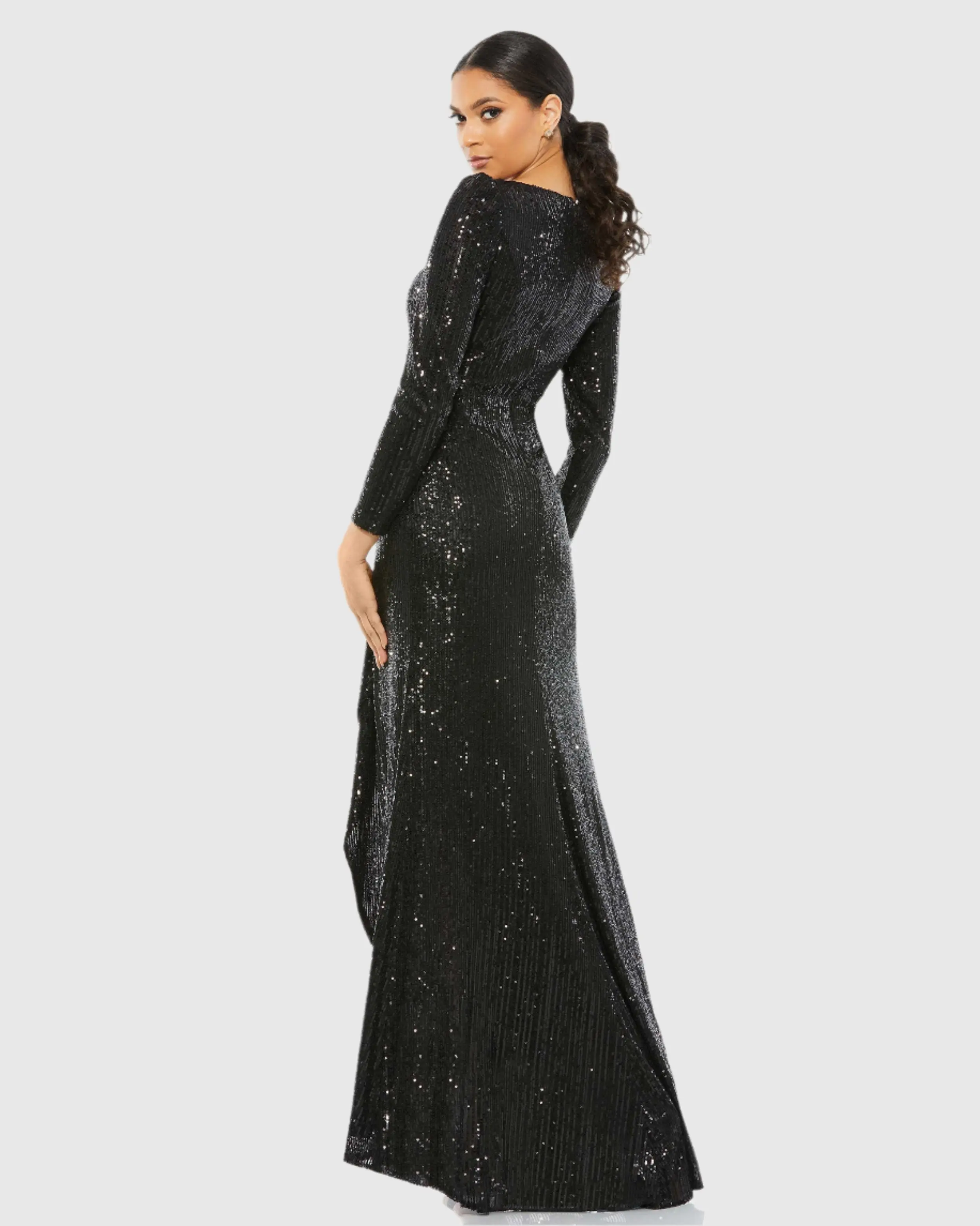 Black Sequined Faux Wrap Long Sleeve Gown
