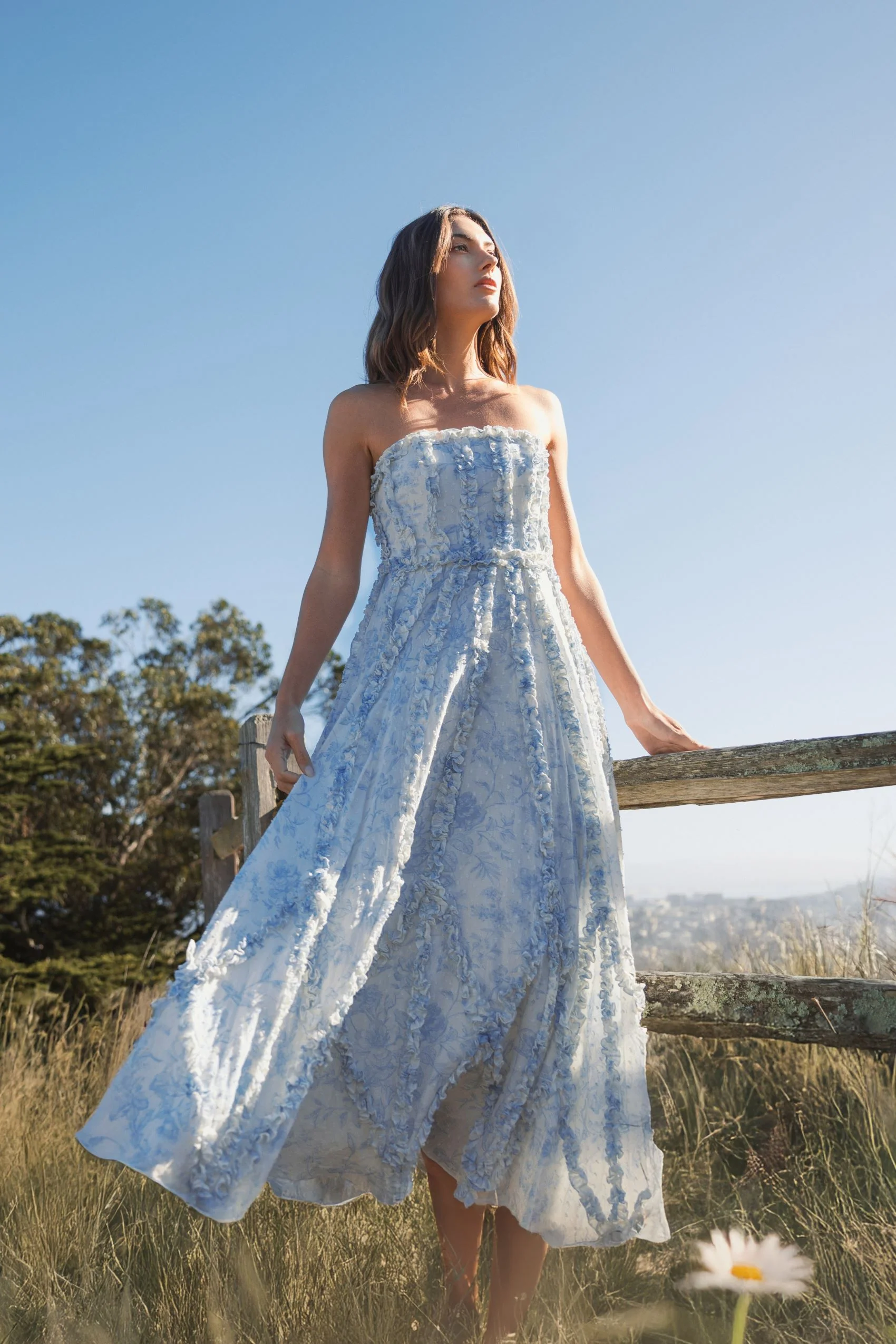 Blue and White Strapless Ruffle Floral Cotton Dress