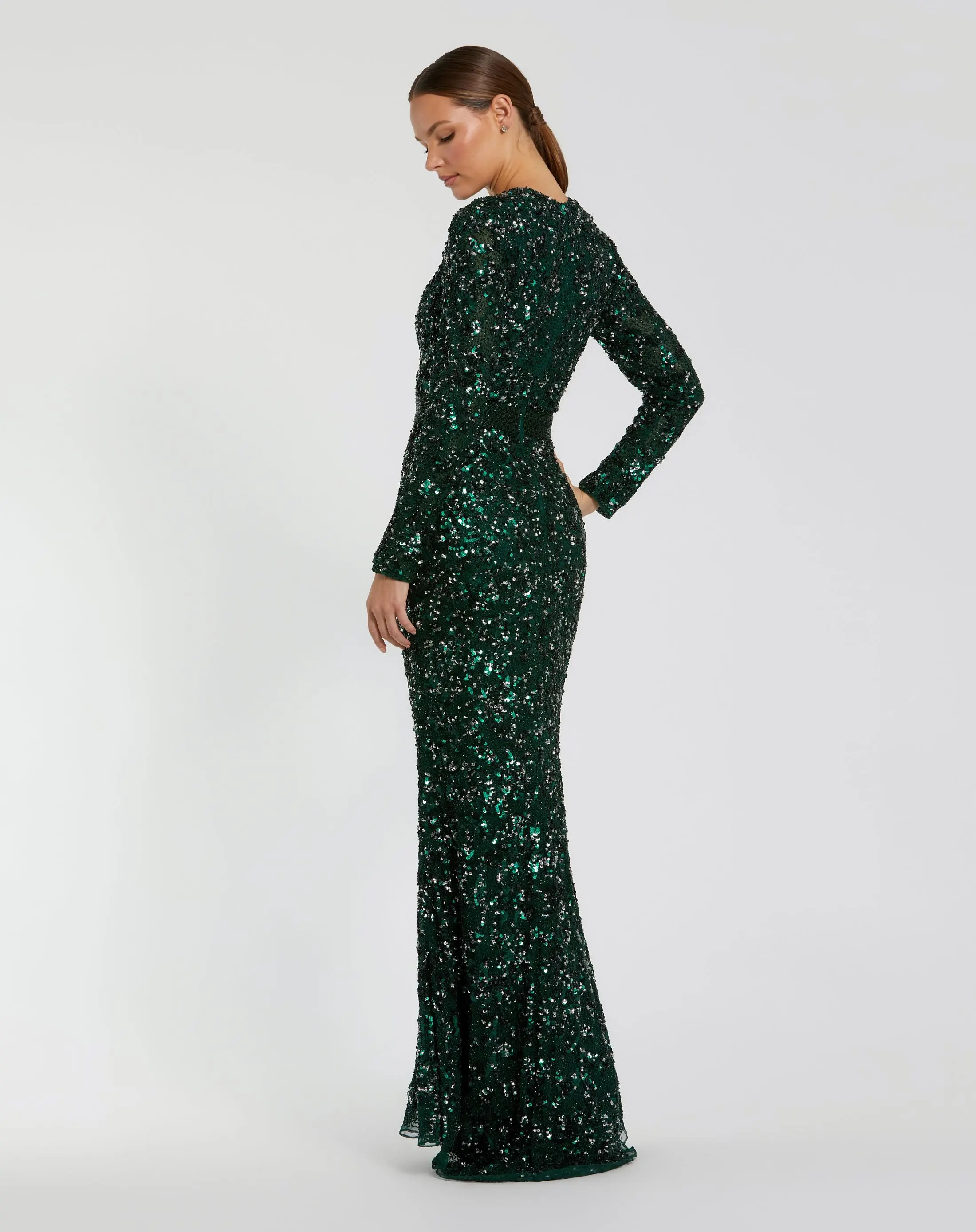 Green Hand Embellished Long Sleeve Gown