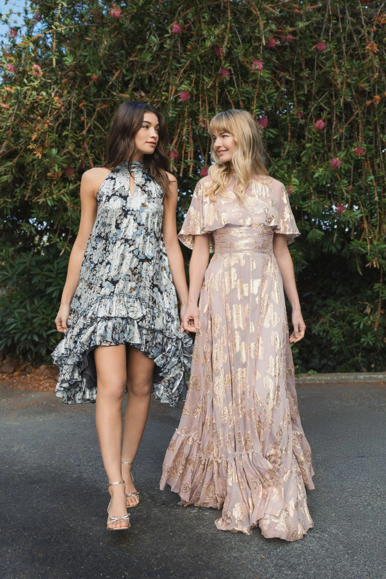 Purple Floral Print High Neck Cape Sleeve A Line Gown