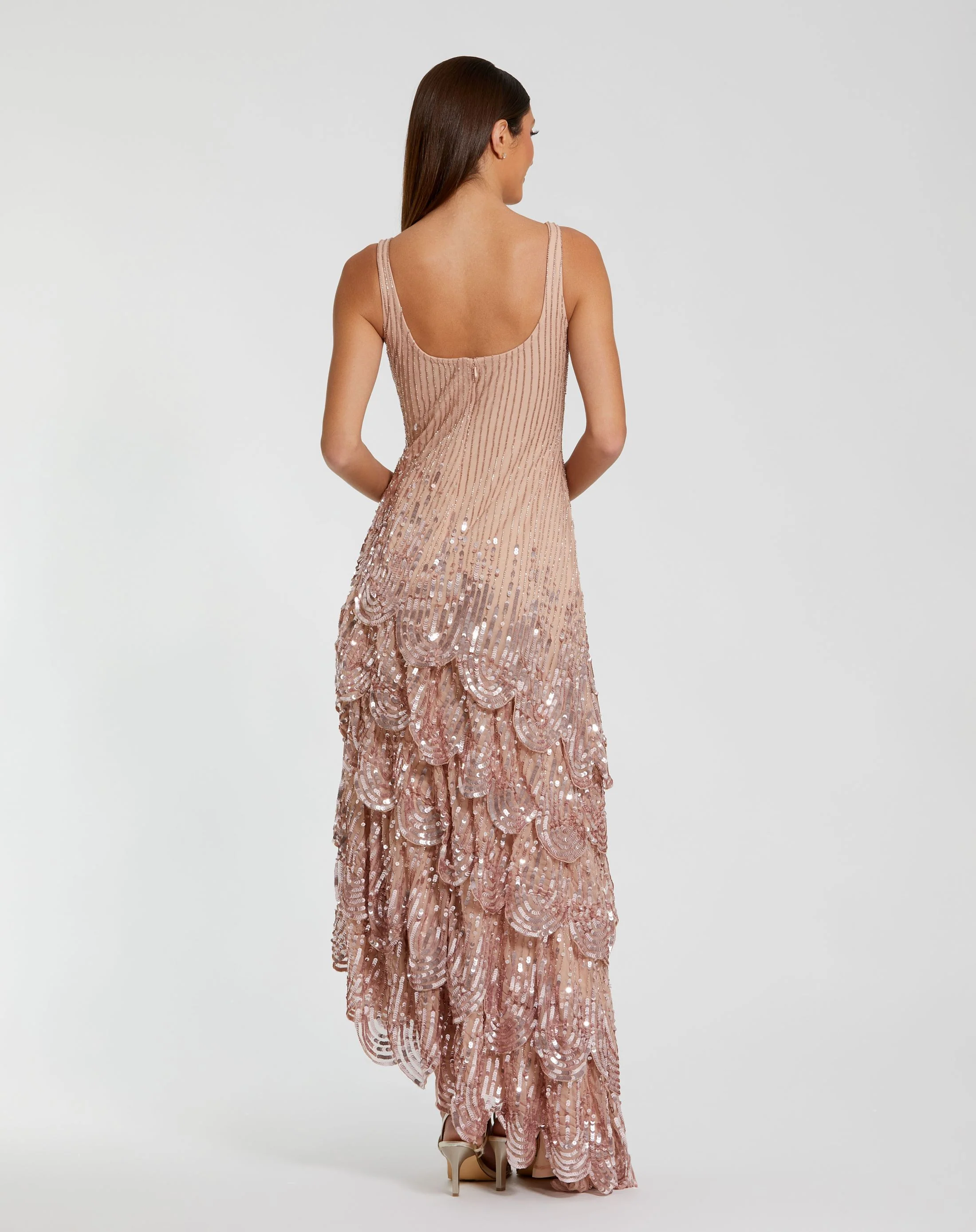 Pink Asymmetrical Scallop Hem Embellished Dress