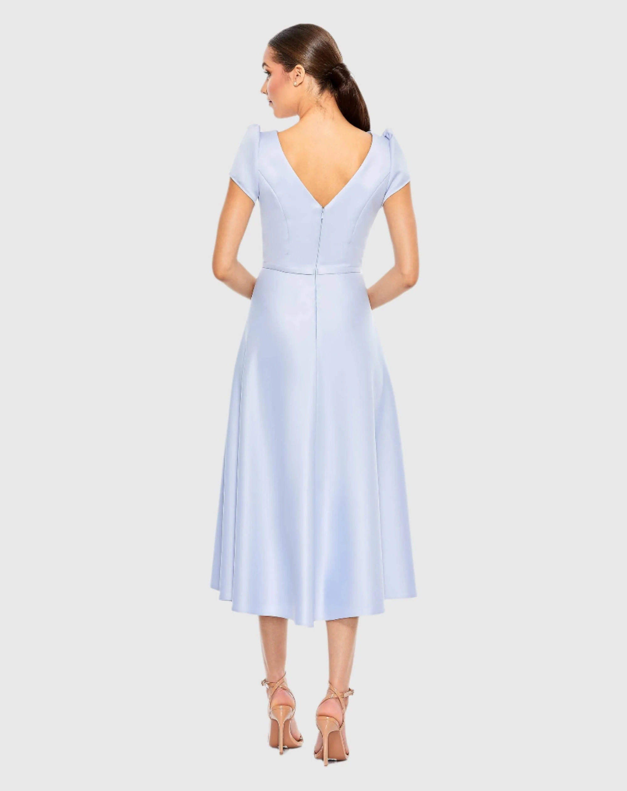 Blue Satin Puff Shoulder Tea Length Dress