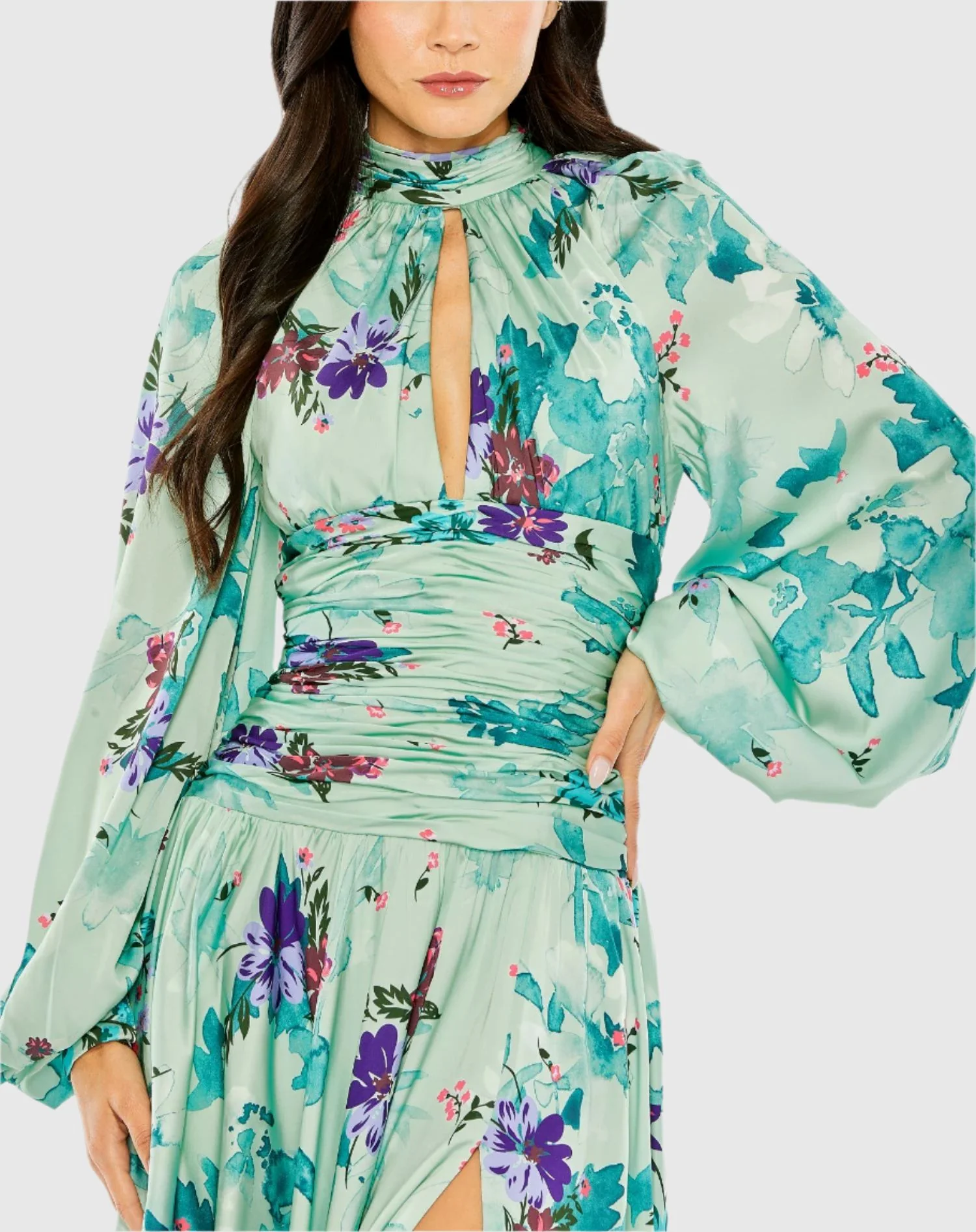 Green Keyhole Satin Long Sleeve Floral Gown