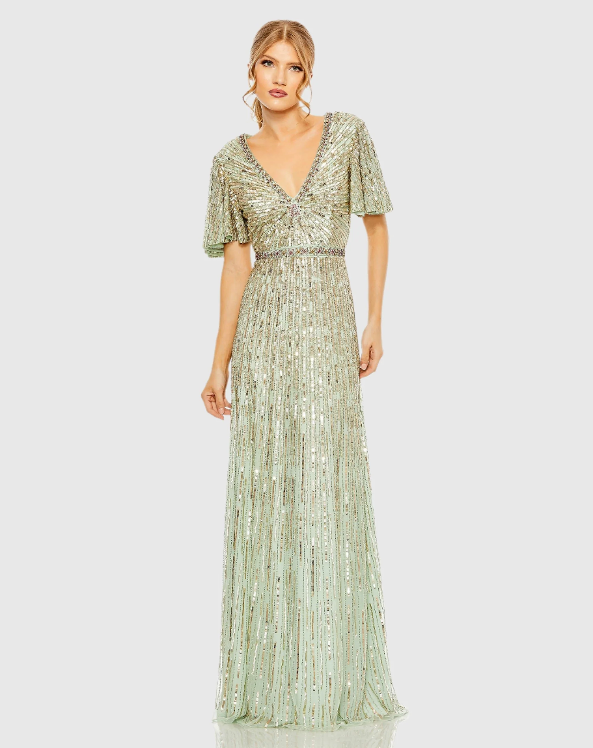Green Embellished V Neck Butterfly Sleeve Column Gown