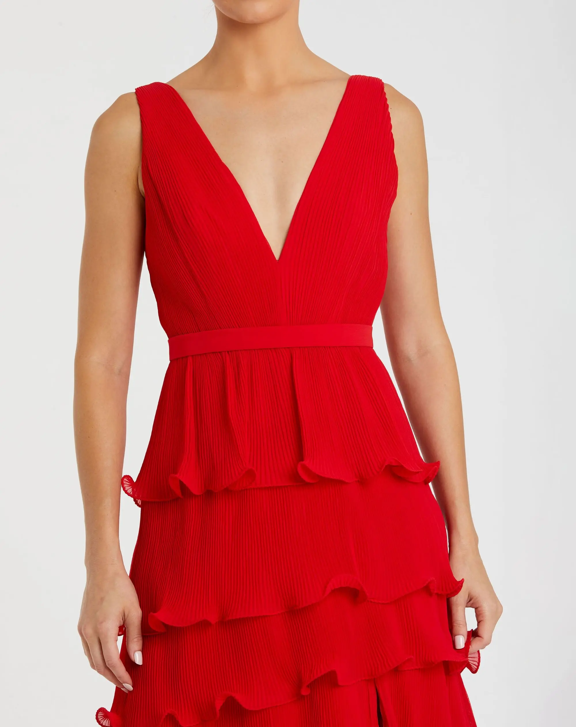 Red Sleeveless Ruffle Tiered V Neck Gown