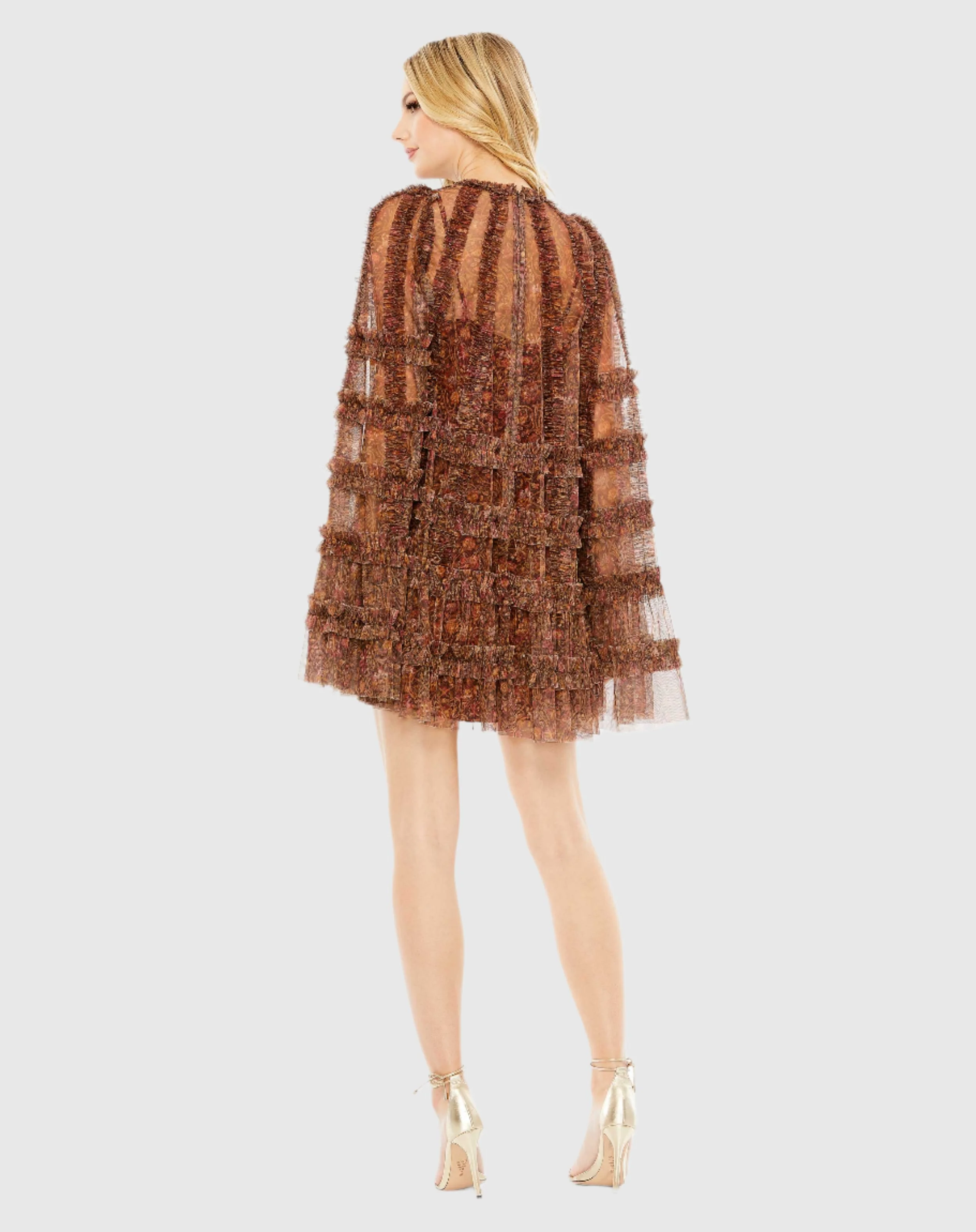 Brown Floral Print Long Flare Sleeve Mesh A-Line Dress