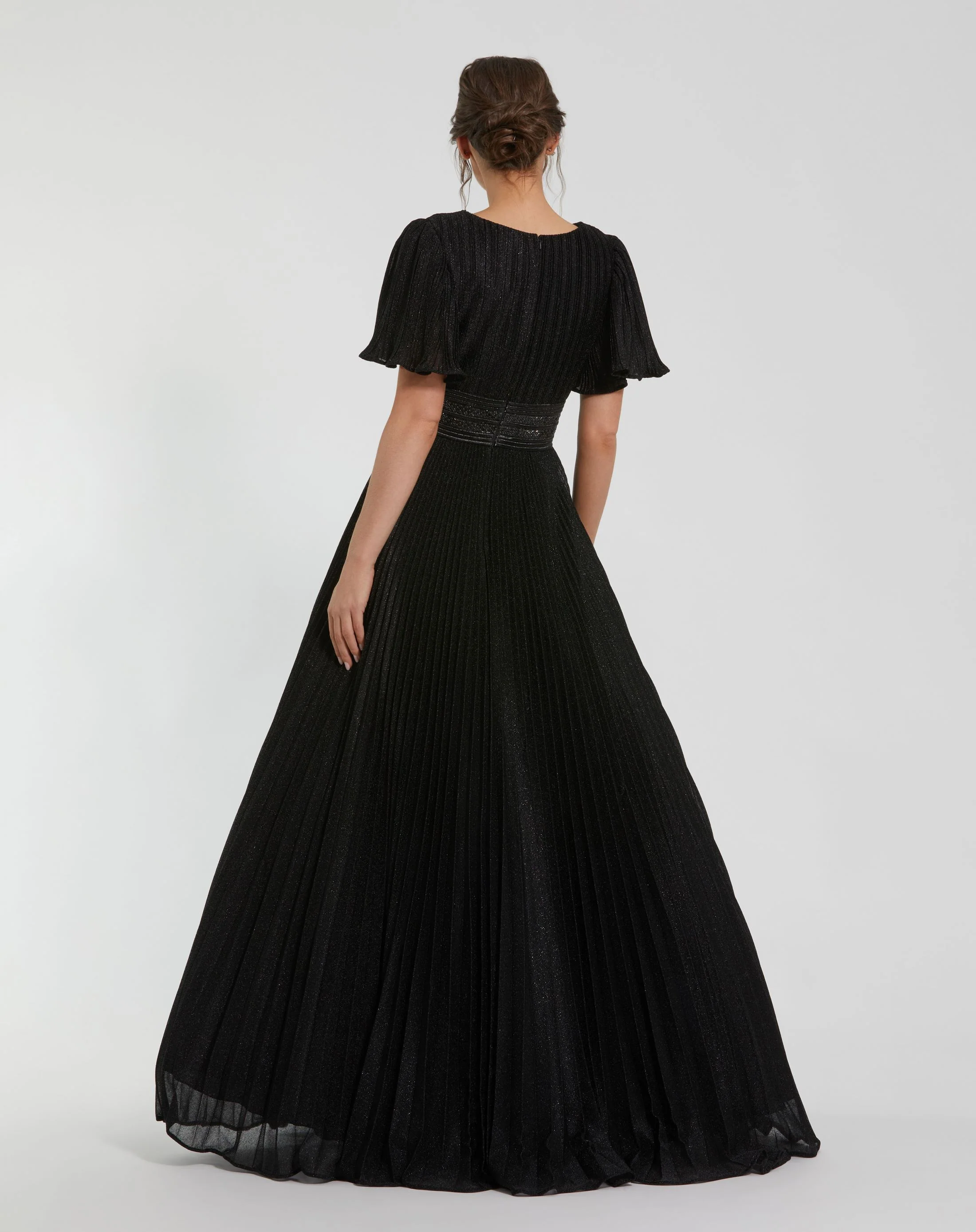 Black Pleated Shimmering Flutter Sleeve Gown