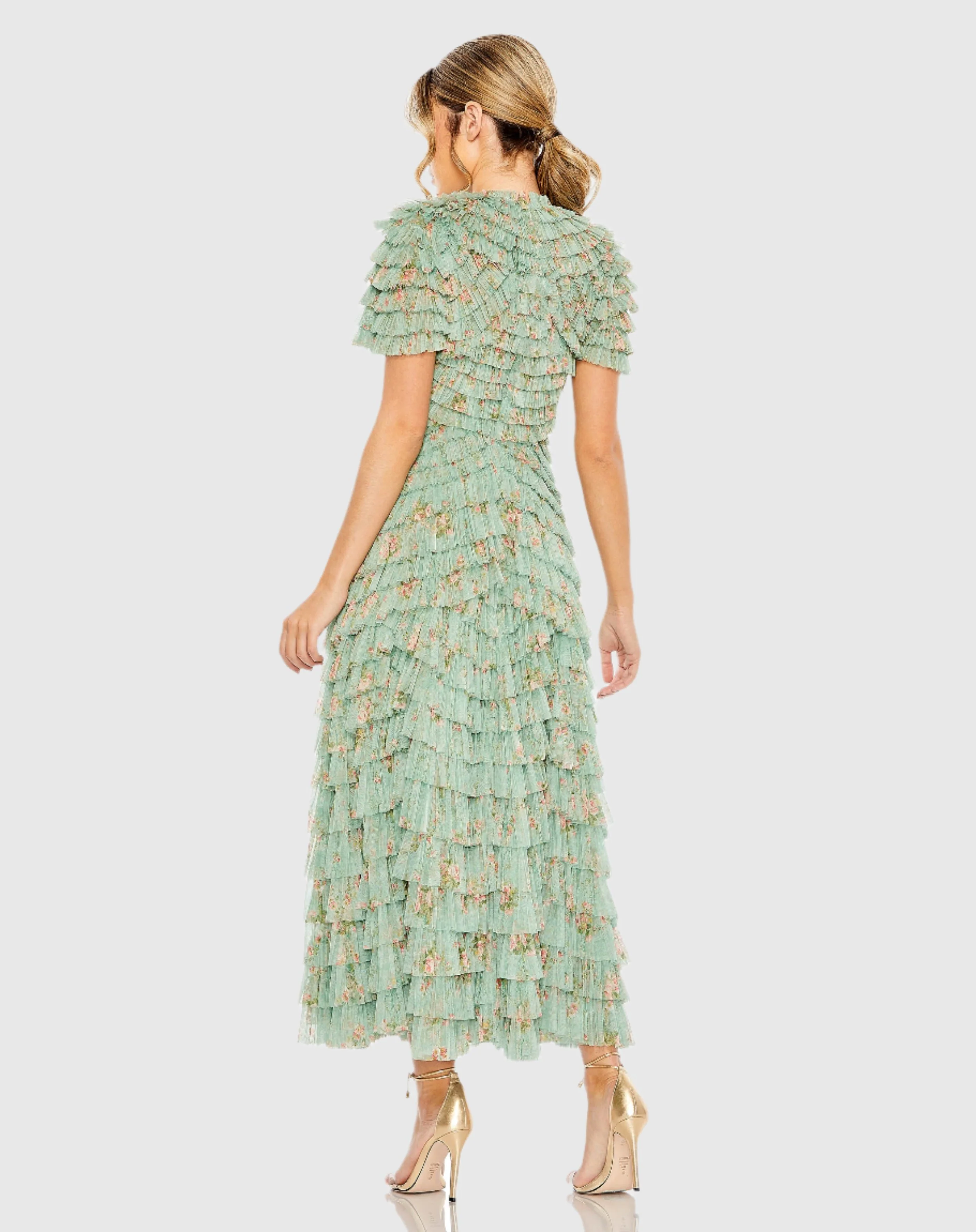 Green Ruffle Tiered Short Sleeve A Line Dress