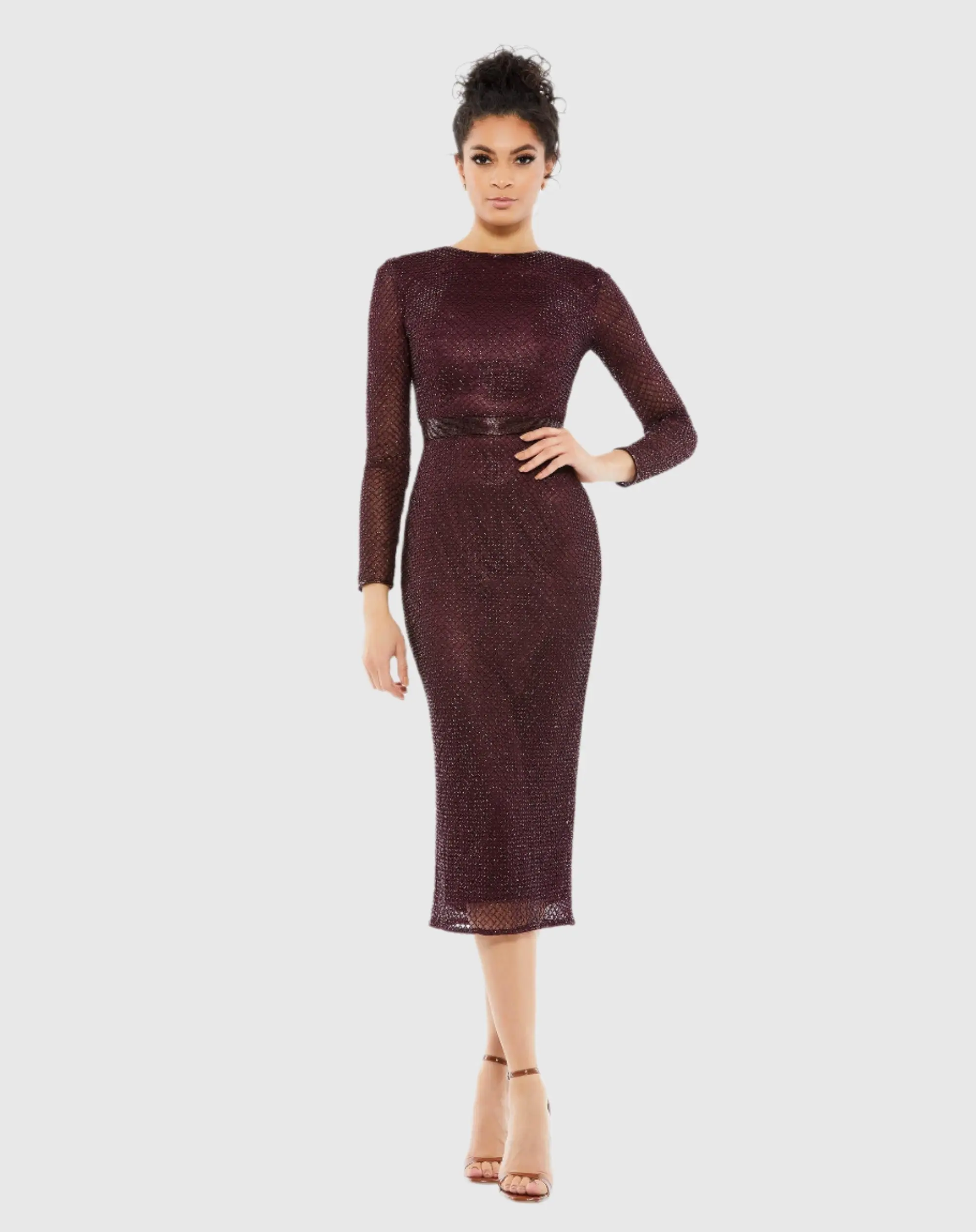 Long Sleeve Lattice Beaded Midi Cocktail Dress