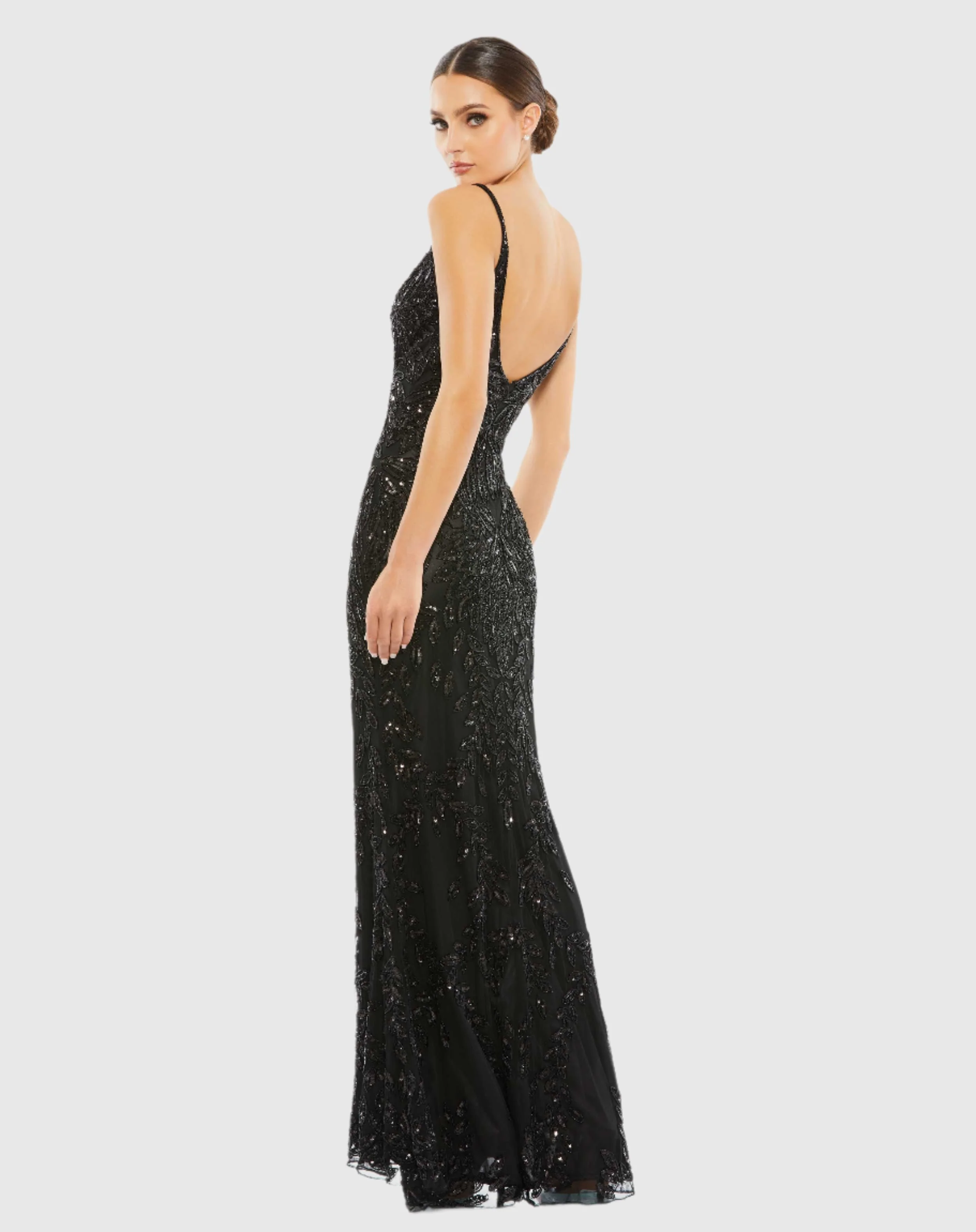 Black Embellished Leaf Evening Gown