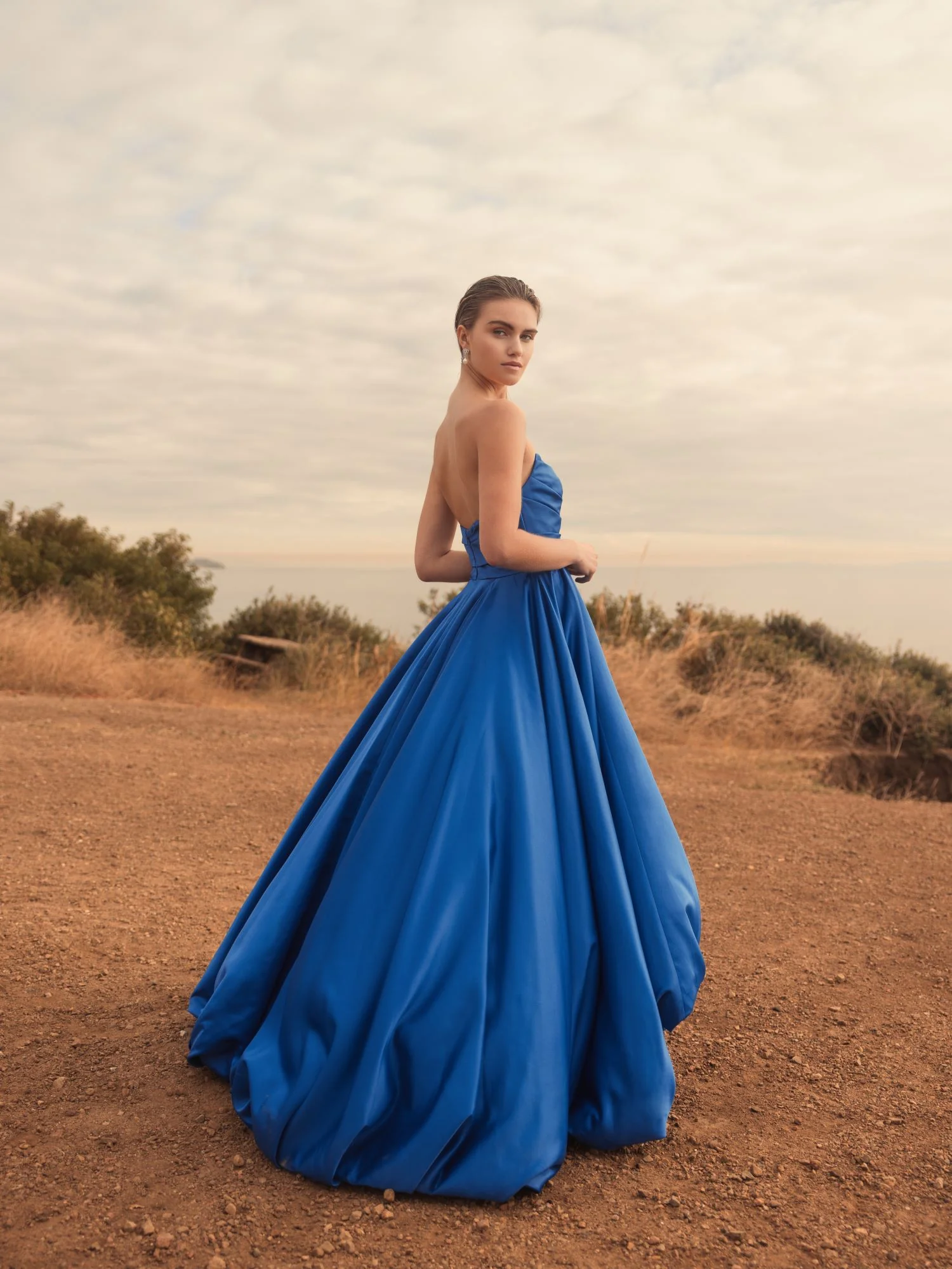 Blue Strapless Ruched High Low Gown