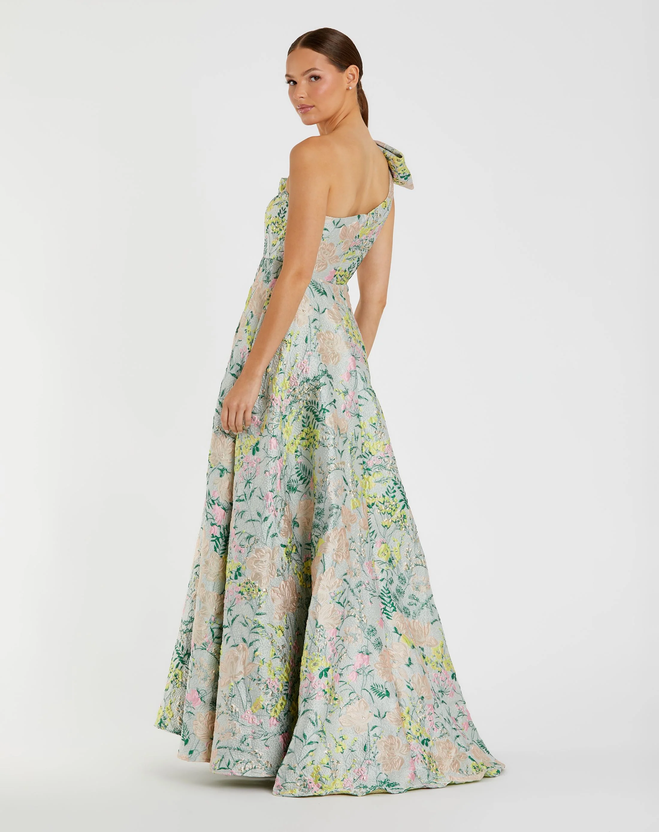 Multicolor Floral One Shoulder Brocade Gown With Bow Detail