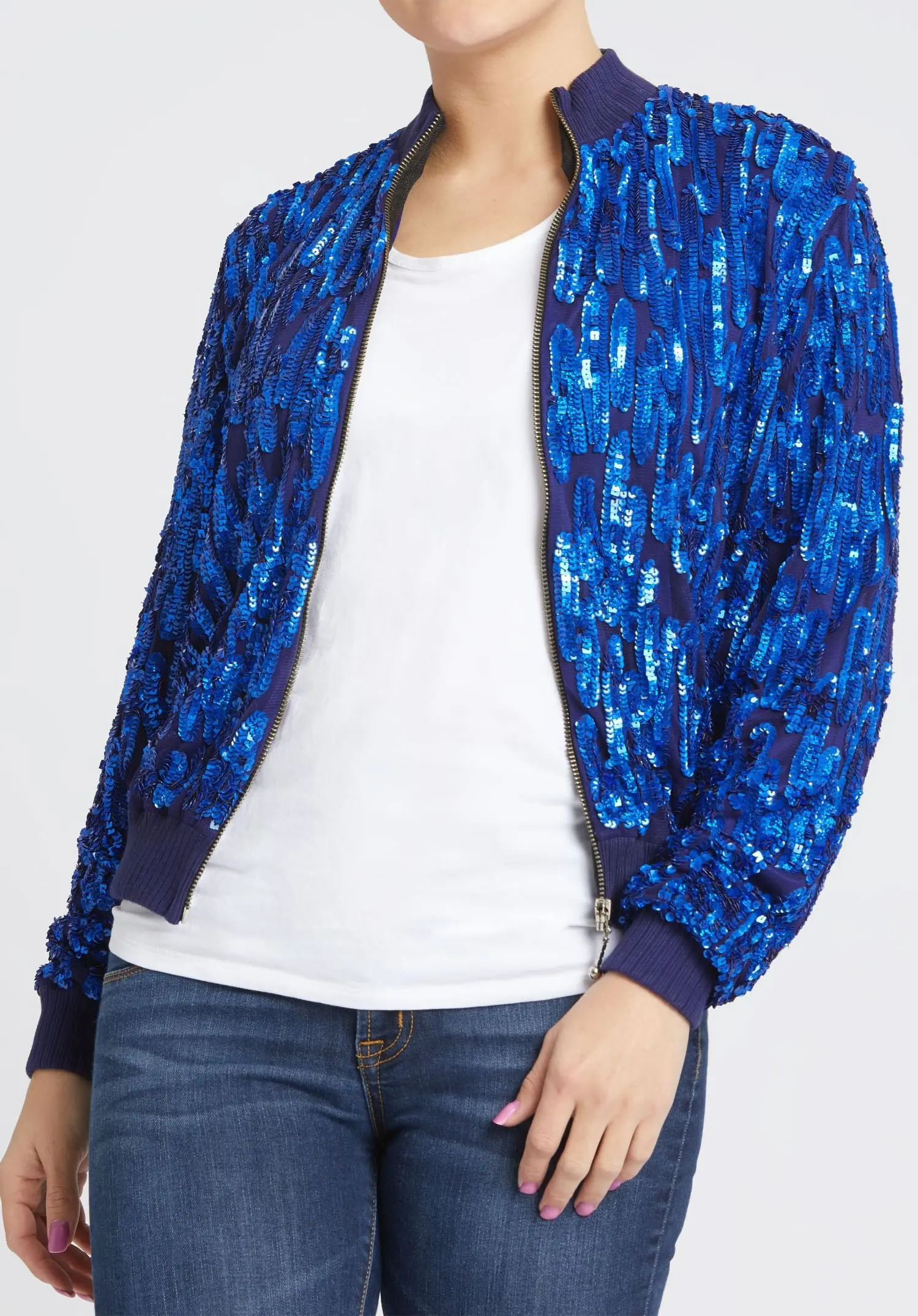 Blue Embellished Zip Up Bomber Jacket - FINAL SALE