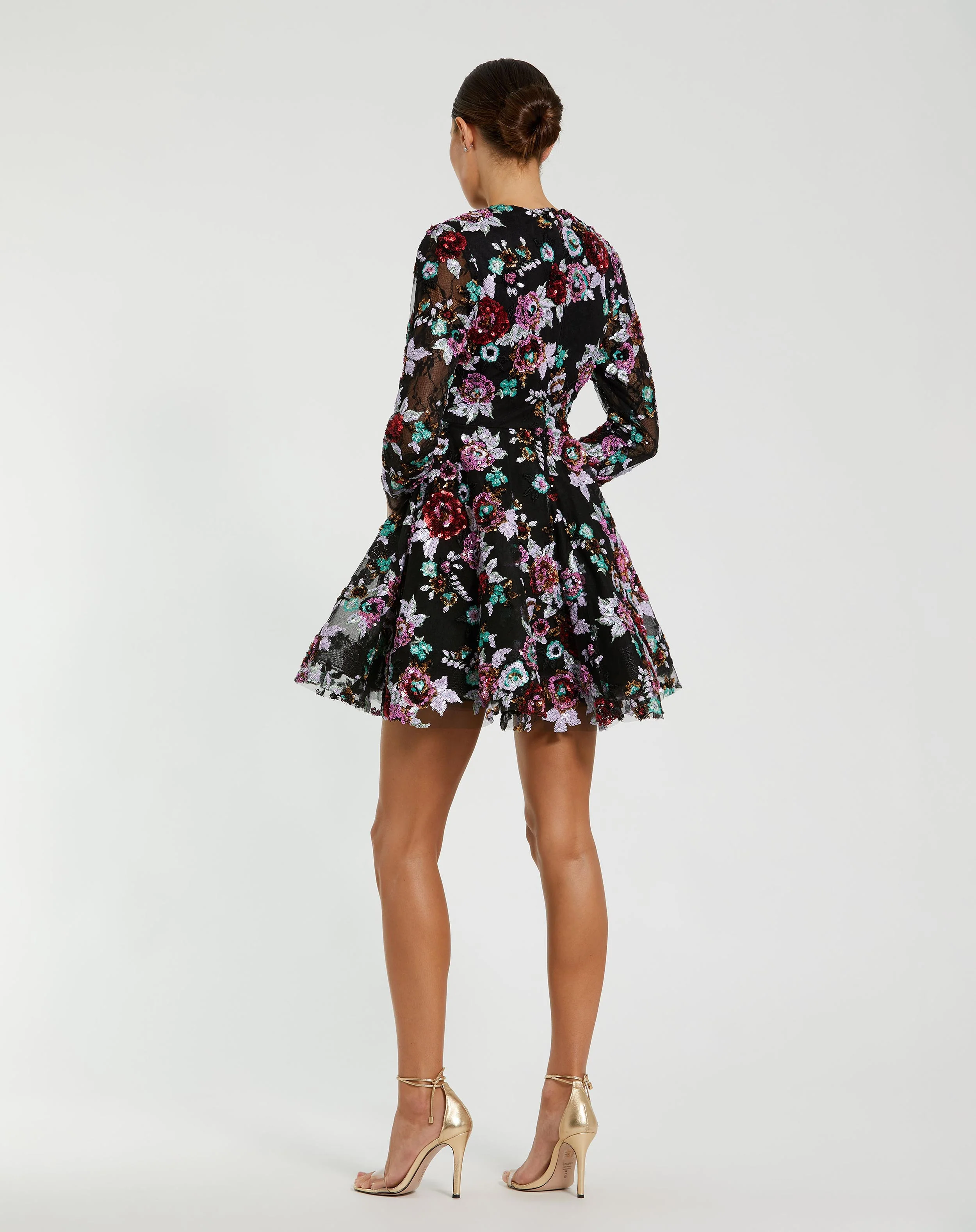 Black High Neck Long Sleeve Sequin A Line Mini Dress