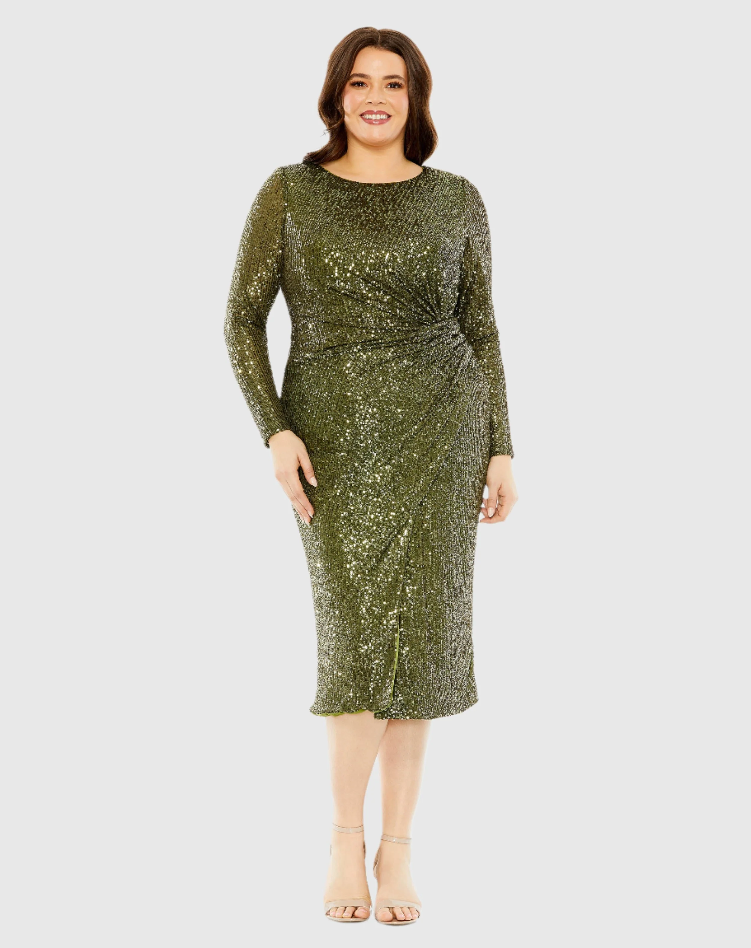 Green Long Sleeve Sequin Gathered Waist Dress