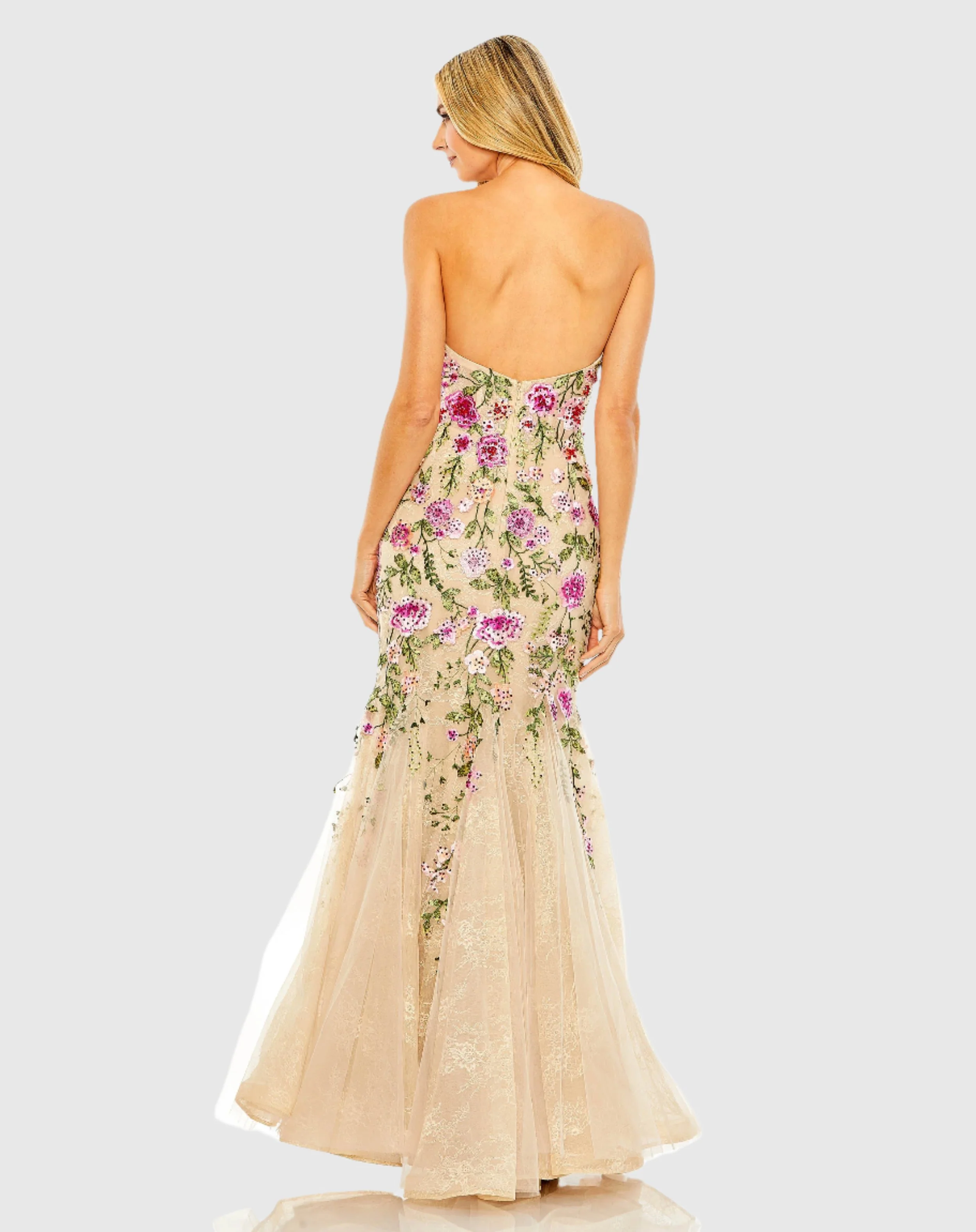 Strapless Sheer Bustier Embroidered Mermaid Gown