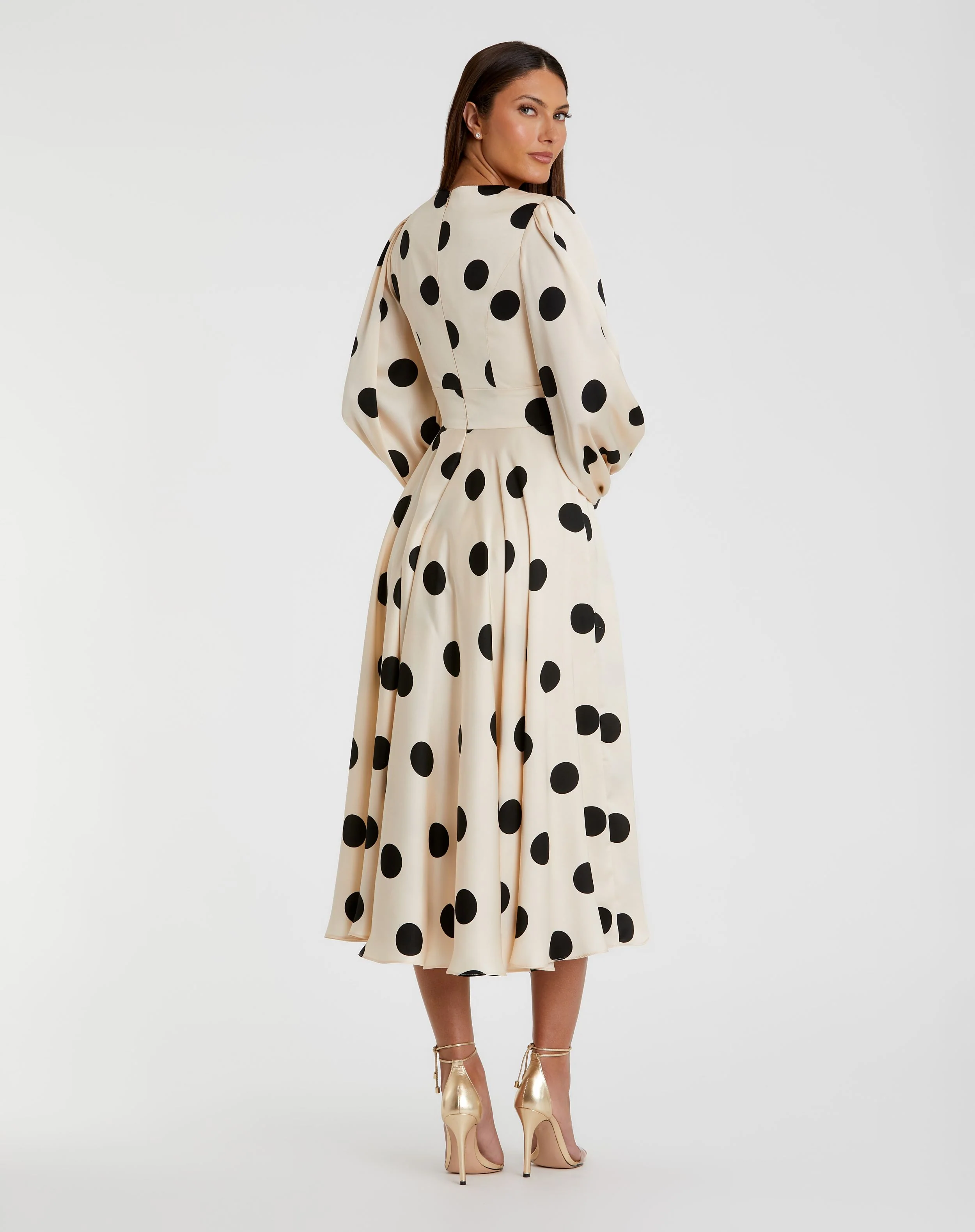 Beige Polka Dot Charmeuse Long Sleeve V Neck Midi Dress