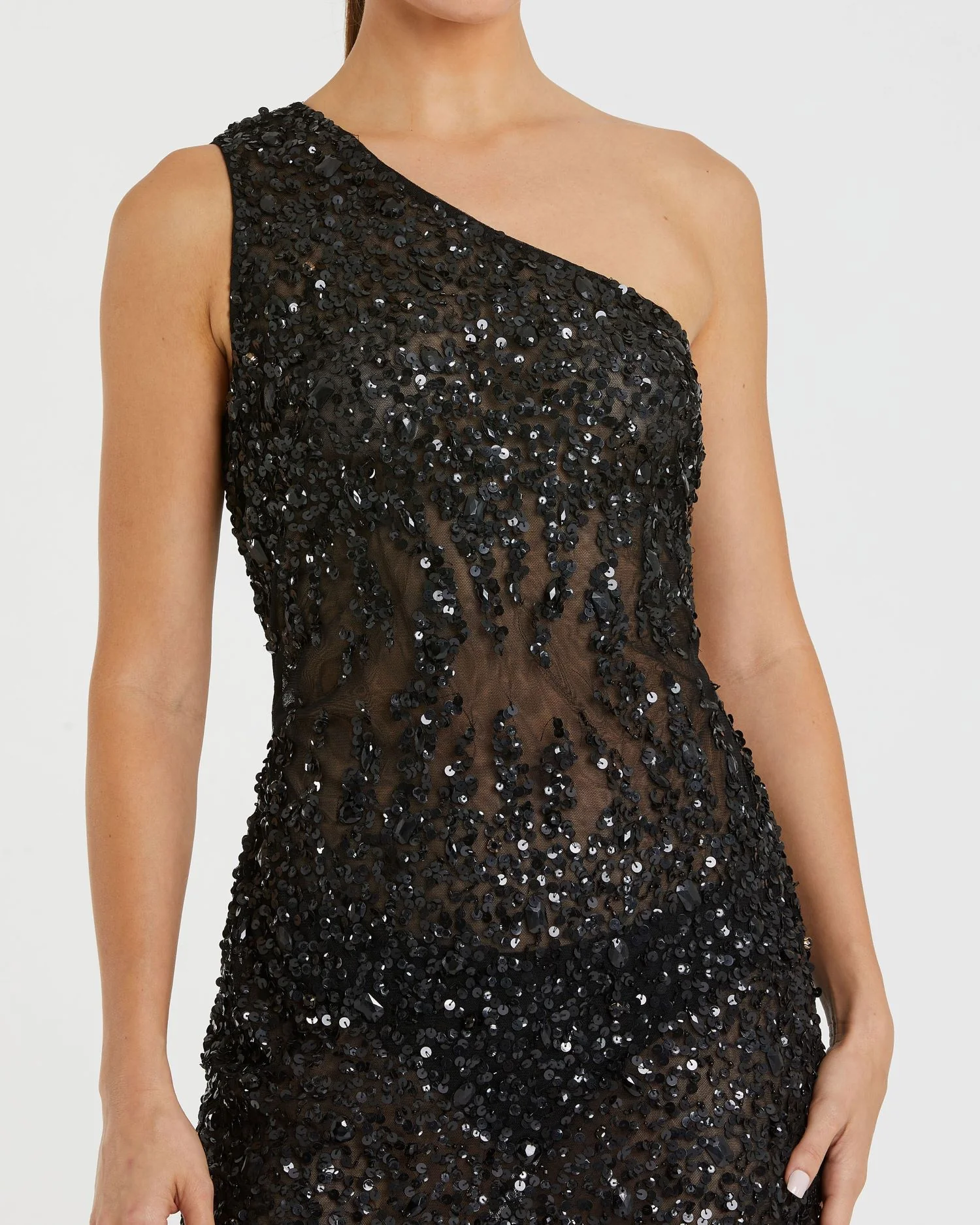 Black One Shoulder Sheer Hand Beaded Mini Dress