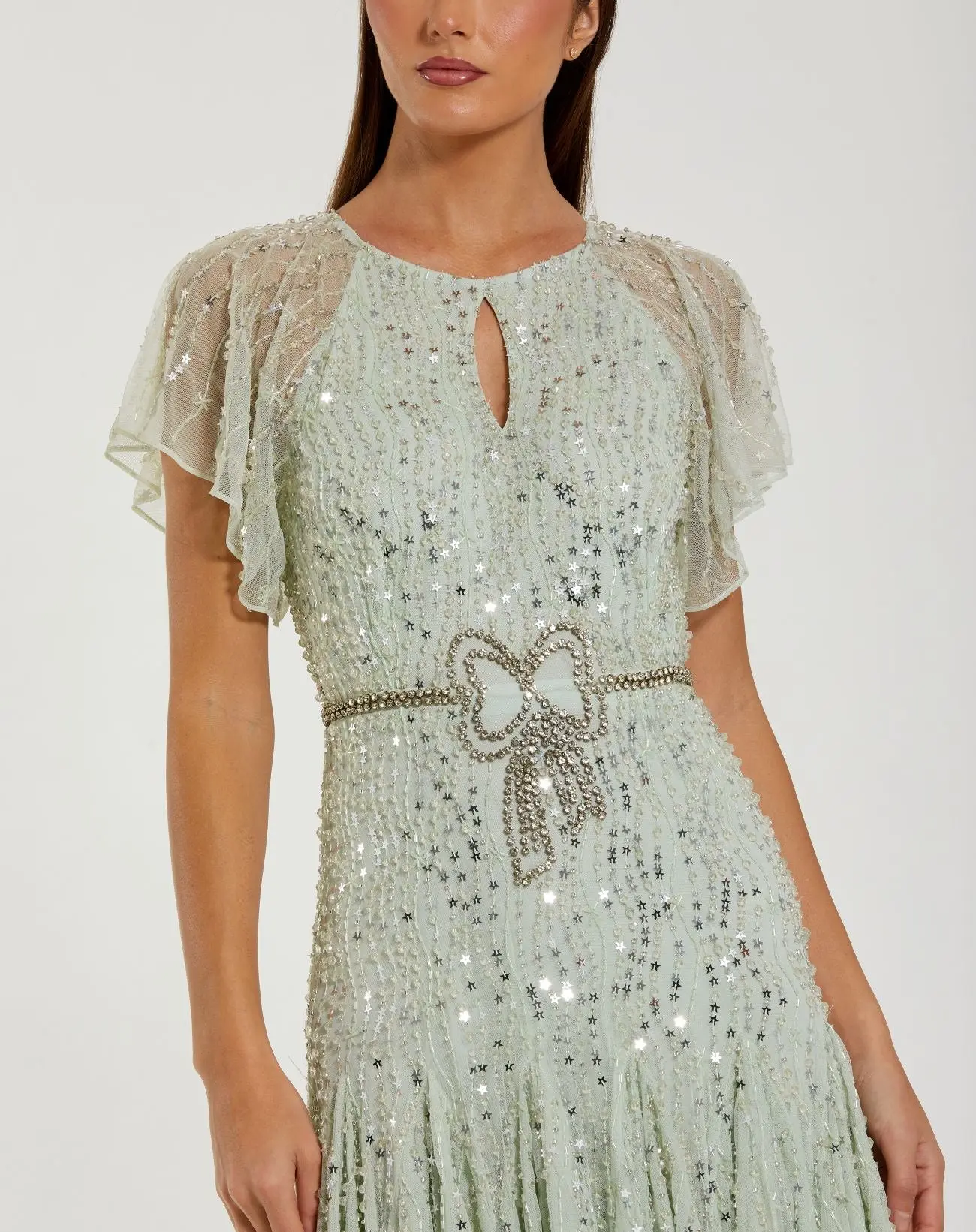 Green Embellished Bow Flutter Sleeve A Line Midi Dress