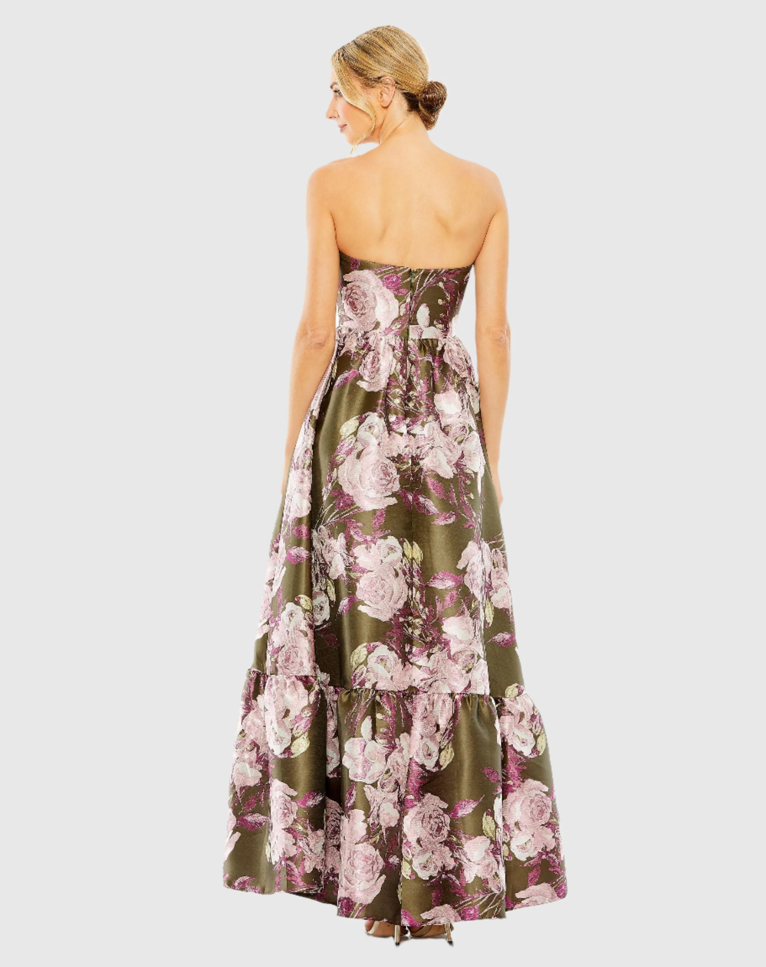 Strapless Bottom Ruffle Floral Gown