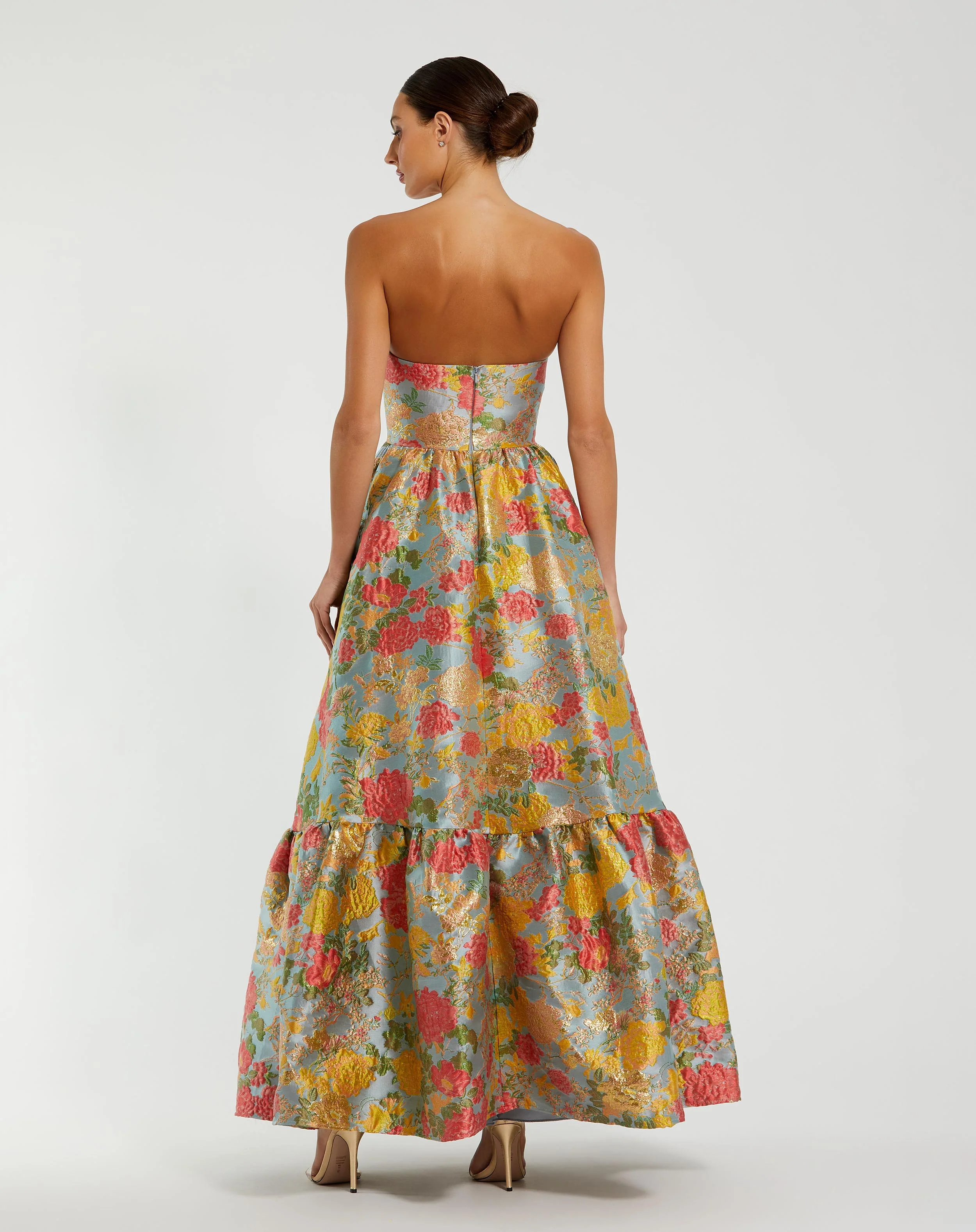 Multicolor Strapless Brocade Floral Gown With Ruffle Hem