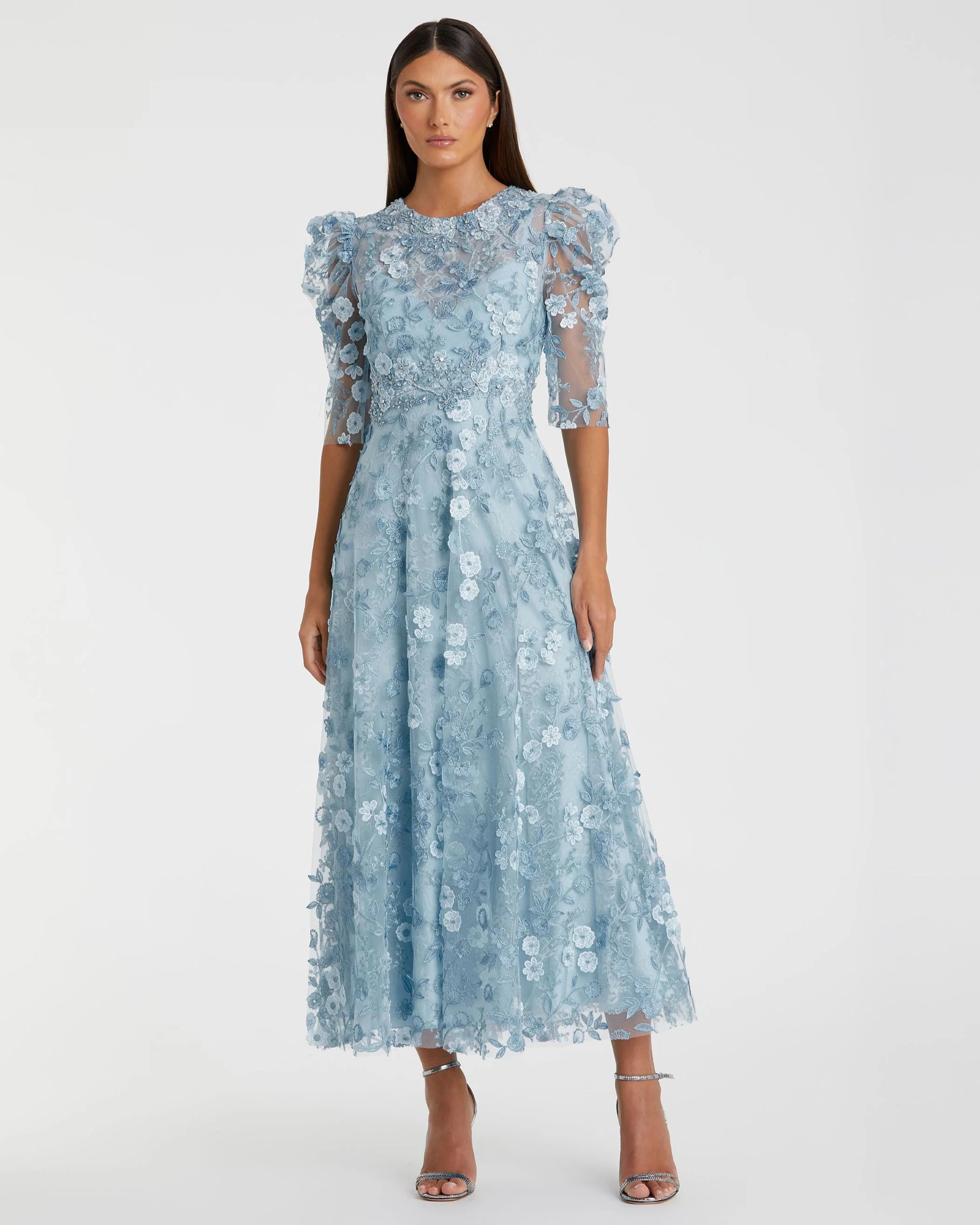 Blue Applique High Neck Puff Sleeve A Line Dress