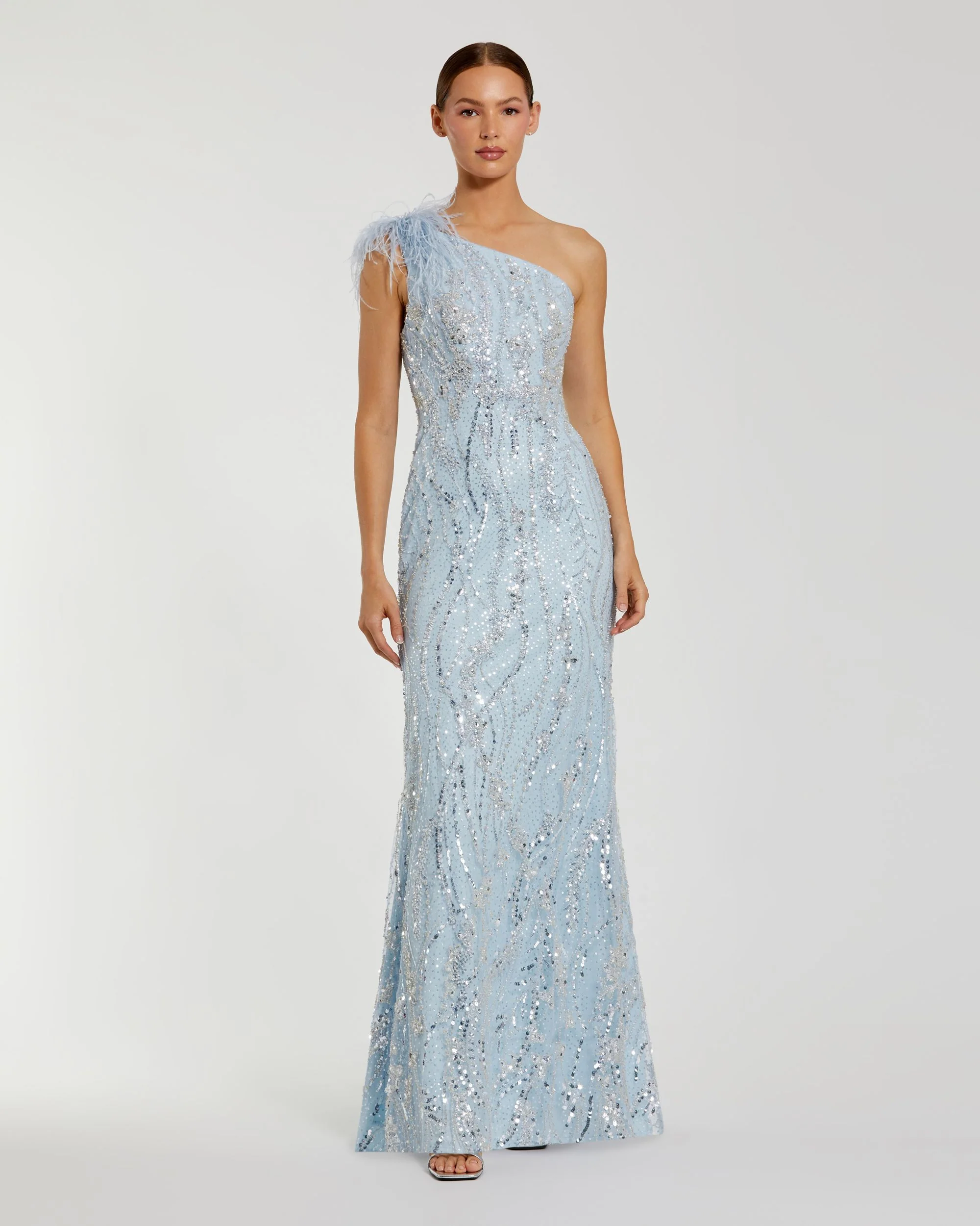 Blue Feathered One Shoulder Embroidered Applique Gown