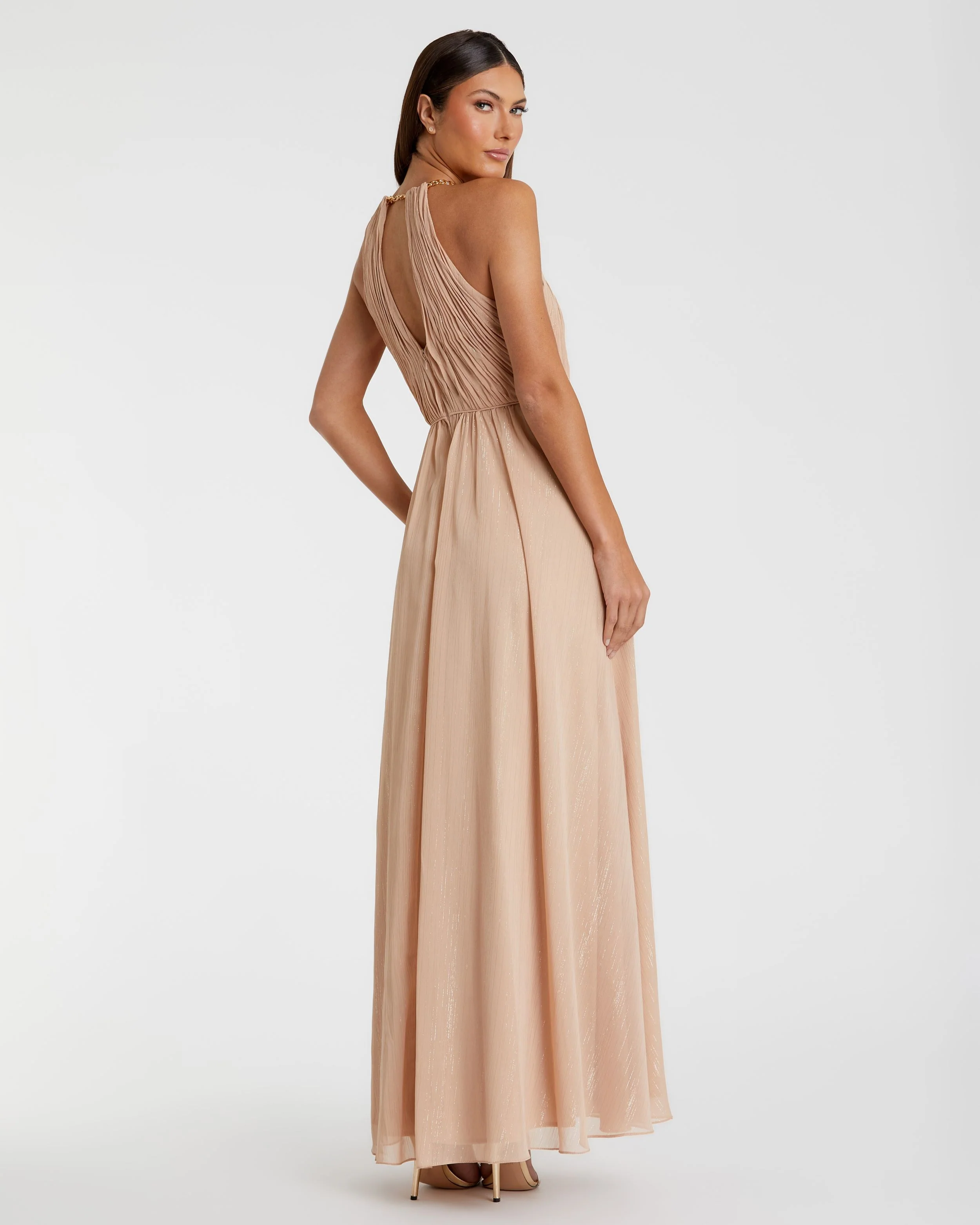 Beige Chain Trim Keyhole Halter Neck A Line Gown