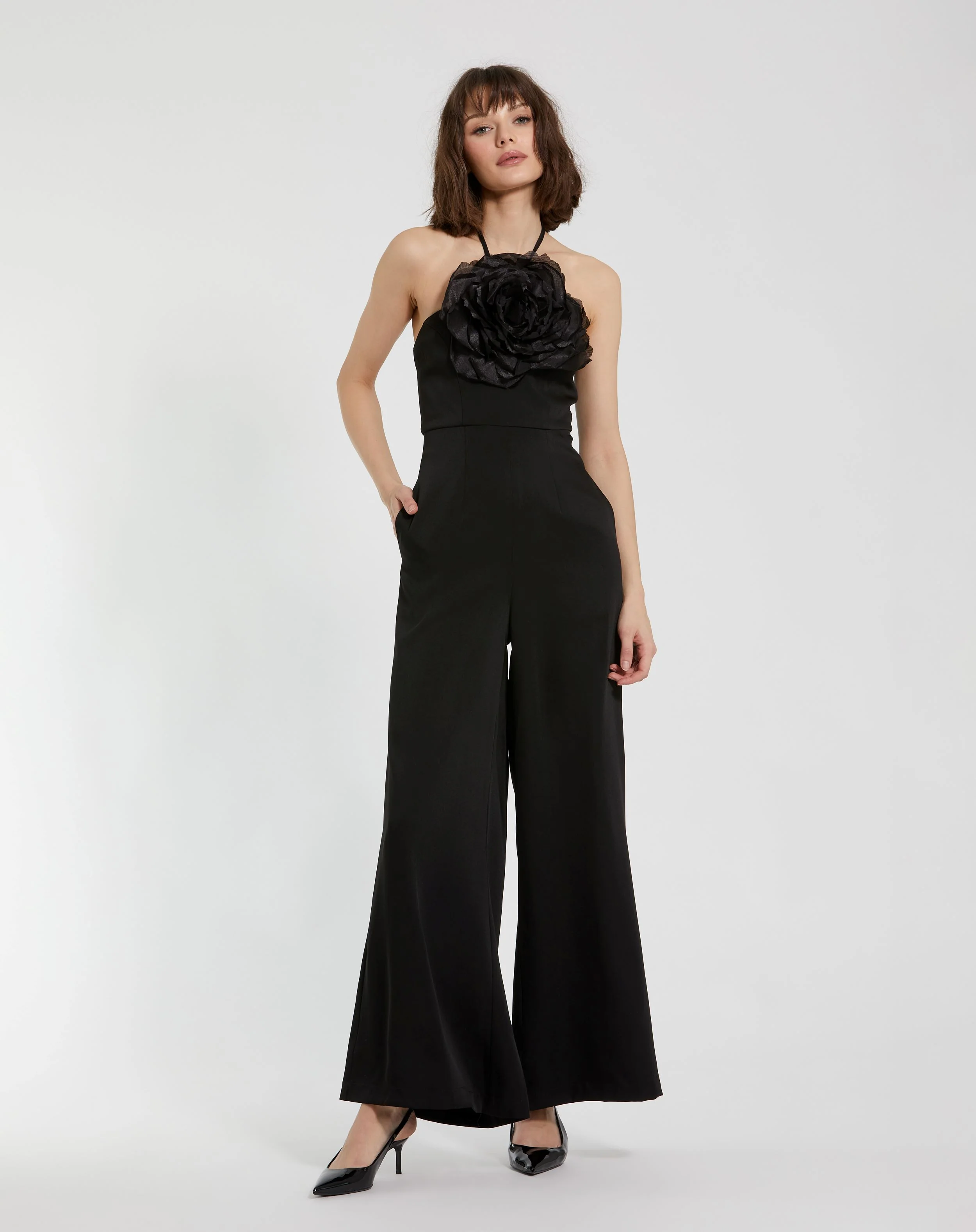 Black Halter Neck Crepe Jumpsuit With Flower
