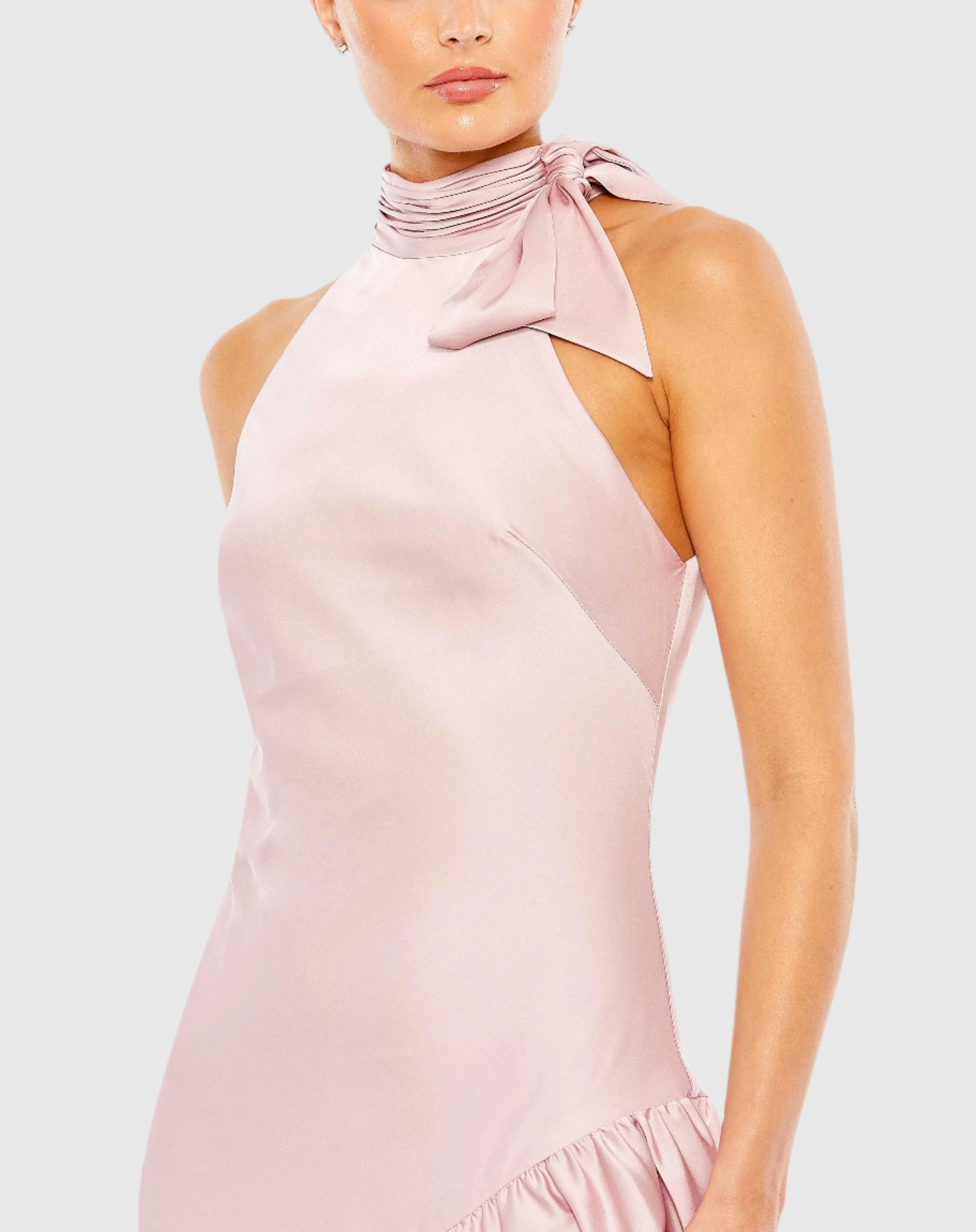 Pink Halter Neck Ruffled Asymmetrical Gown