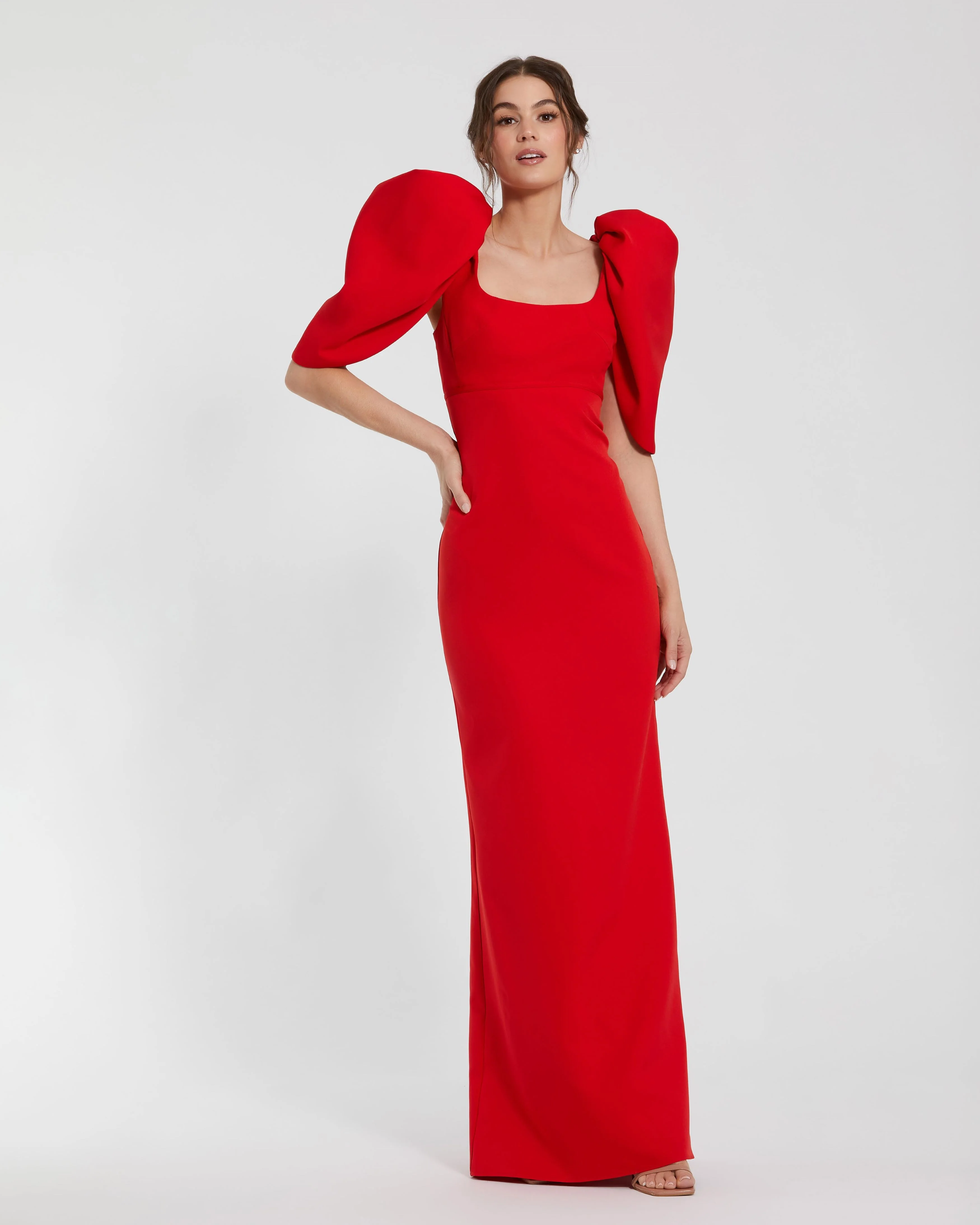 Red Fitted Crepe Scoop Neck Gown With Puff Sleeves