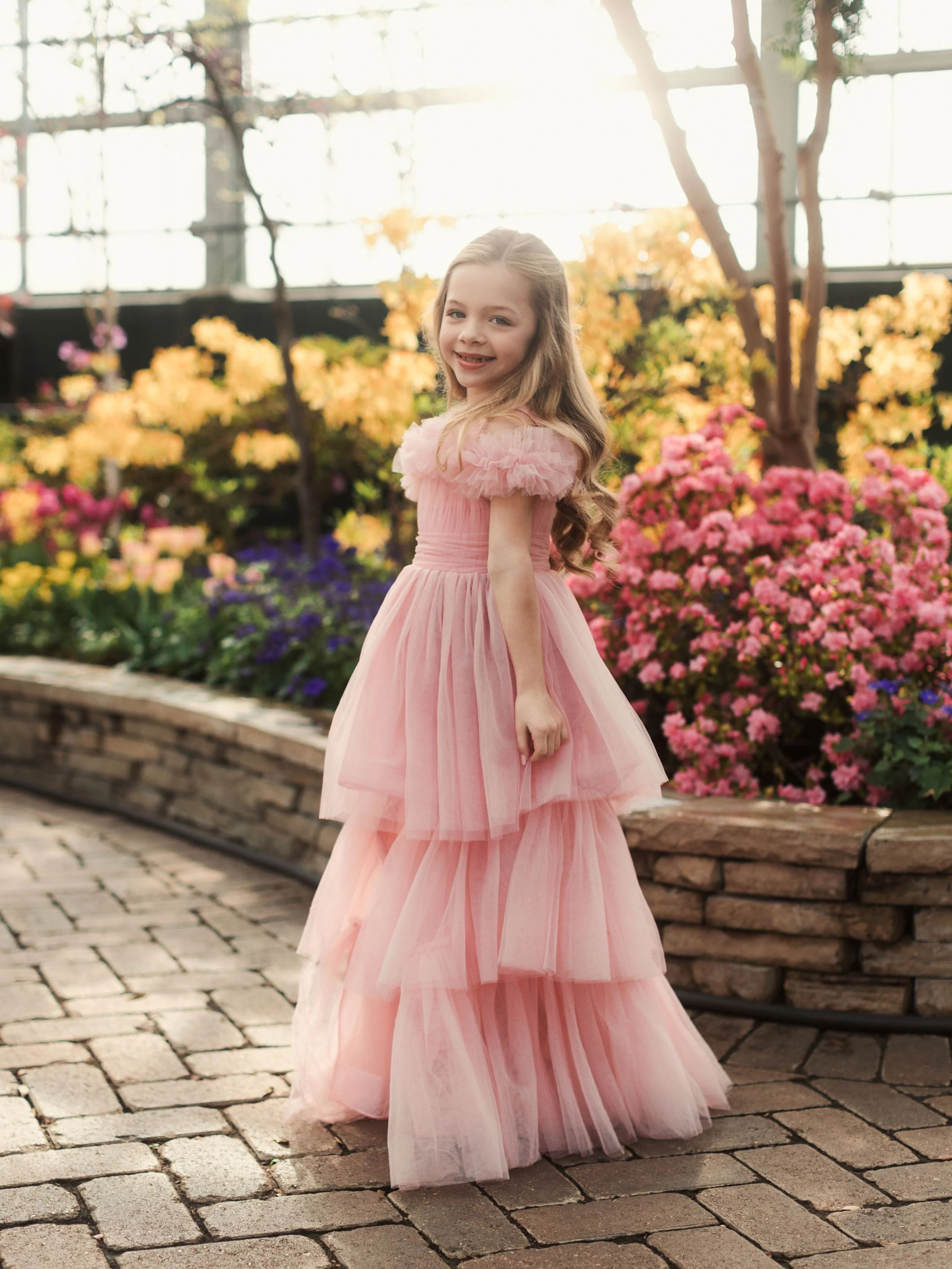 Pink Girls Off the Shoulder High Low Tulle Dress