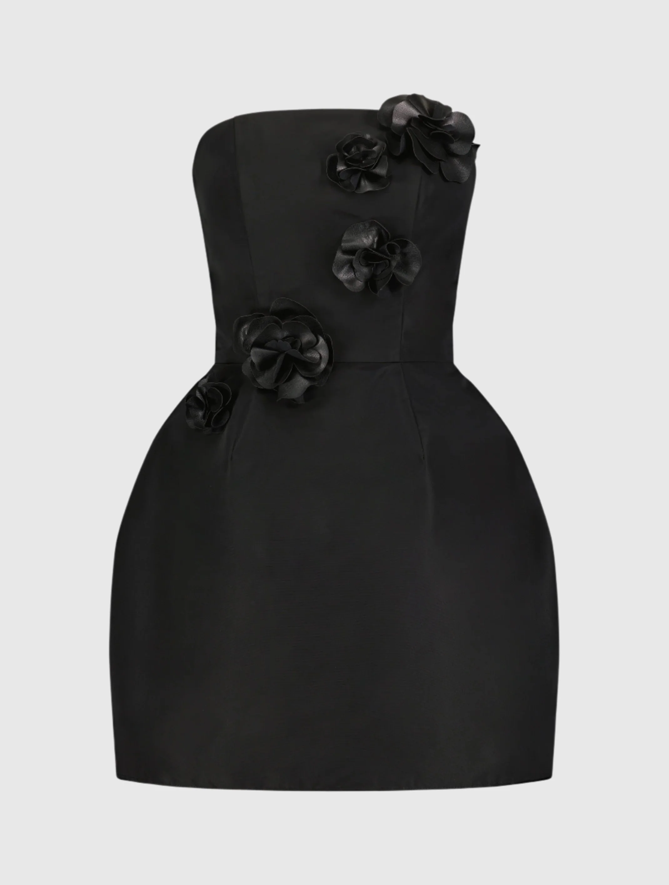 Black Faille Strapless Mini Dress With 3D Flower Details