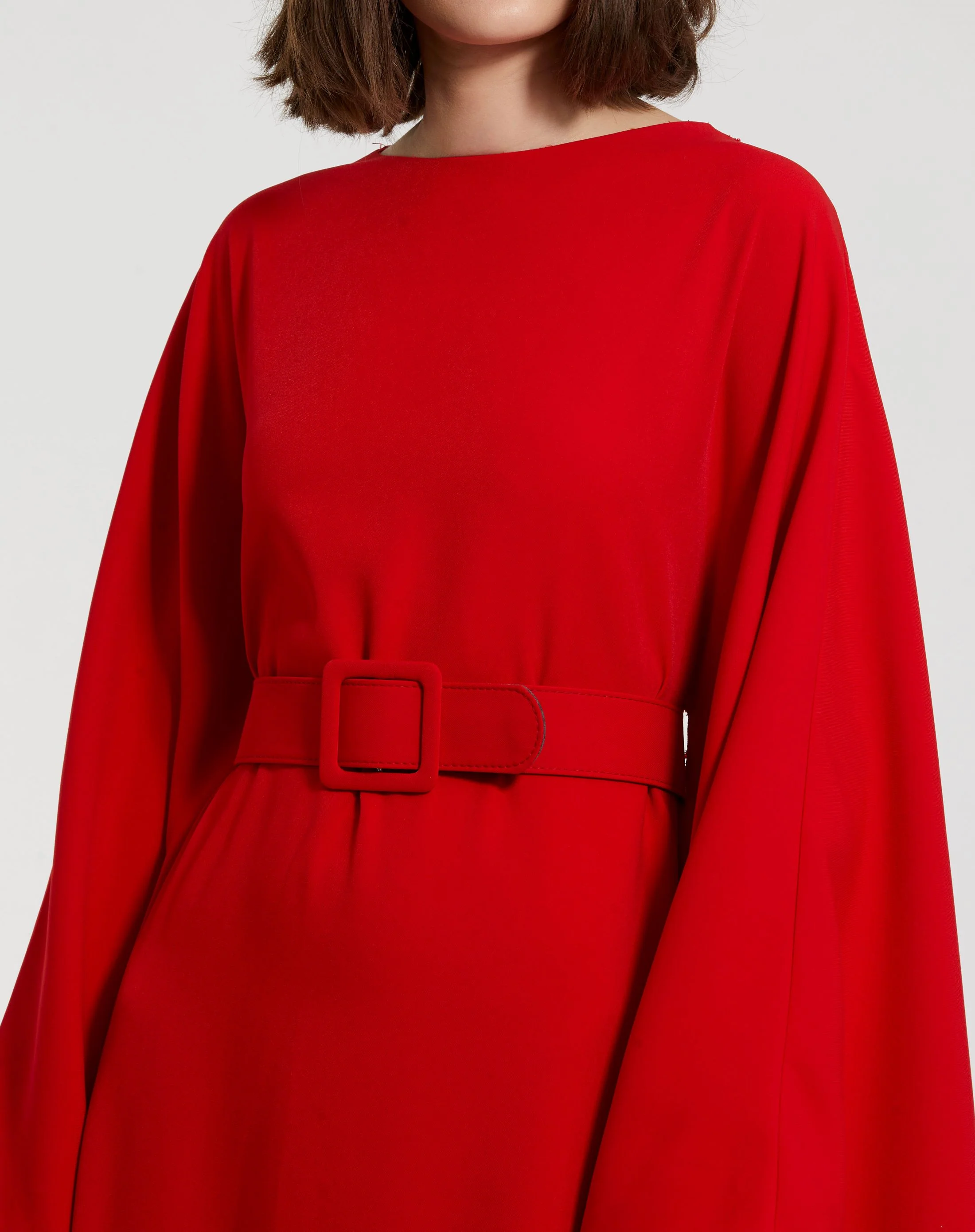 Red Crepe Boat Neck Caftan Maxi Dress With Belt